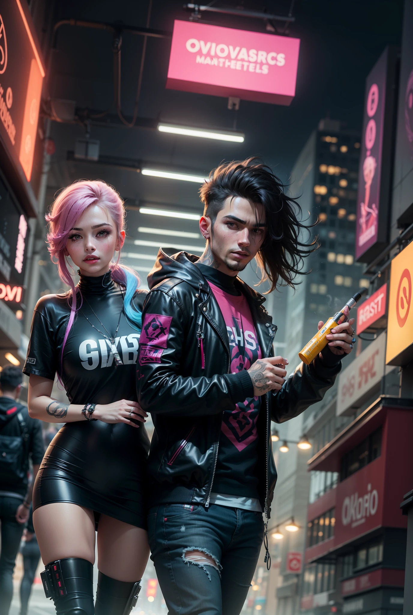 Cambio de fondo, cyberpunk guapo novio y novia con bebe en brazos:1.5, 8K, cara realista, ropa de cuero, varios colores, adornos en orejas y tatuajes, peinados modernos y brillosos, ciudad ciberpunk, oscuro, de noche, luces de neon tonos magentas y cian, iluminar a los novios y al bebe. 