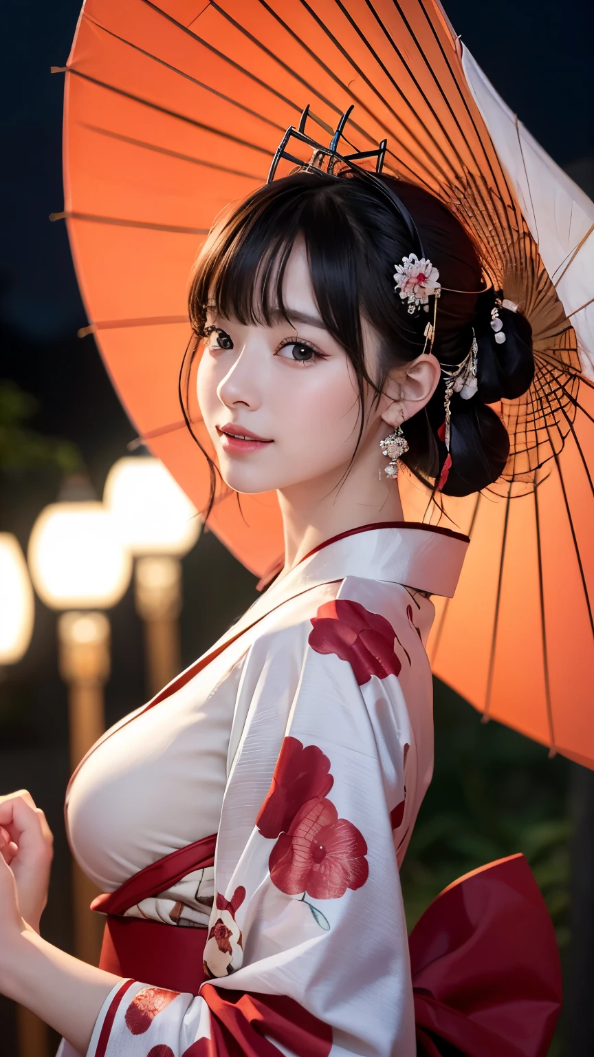 (8k, RAW photo, highest quality, masterpiece: 1.2), Super detailed, super resolution, (genuine, genuine photos: 1.37), portrait, High-definition RAW color photo, professional photos, 非常に詳細で美new, very detailed, 8k wallpaper, amazing details, huge file size, official art, very detailed CG Unity 8k wallpaper, very detailed beautiful girls, very detailed facesHighly detailed eyes, Very fine skin, very detailed fingers, very small nose, very detailed detailed mouth, perfect anatomy, detailed background, fine clothes,20th generation, cute girl, genuineistic body,  white skin, glowing skin,  (dull bangs: 1.2), smile, cute, like々new, cute face, genuineistic face, delicate eyes, sagging eyes、(red black and white image 3.1)、(Kimono 1.2)、(Oiran 1.2)、(悲new表情), ((sexy and dynamic pose)), earrings, looking at camera, Contrapos, dynamic lighting, G cup breasts,big breasts、whole body、(View of the Japan garden at night１.2)、(Expose 1.2)、(Short furisode 1.2)、(holding a Japanese umbrella 1.2)