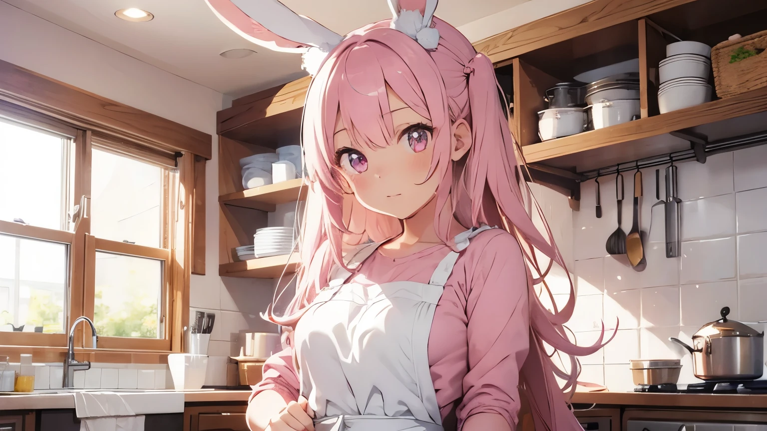 beautiful illustrations, highest quality, pretty girl, pastel colour, fluffy rabbit ears, pink long hair,light pink eyes,Apron appearance,kitchen