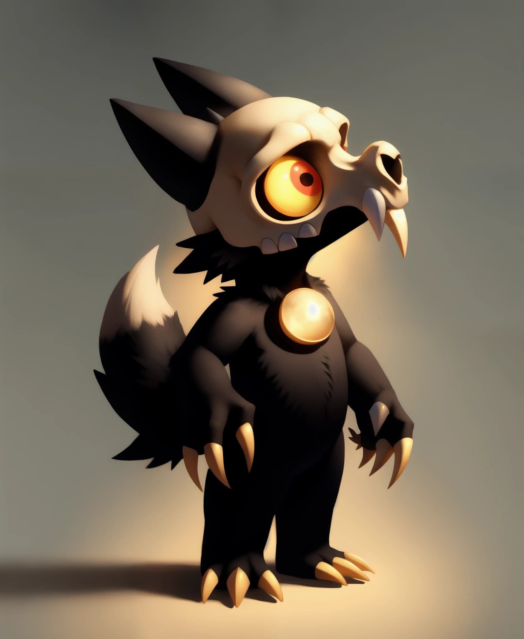 male, solo, king_clawthorne, skull head, (broken horn:1.1), yellow sclera, red eyes, claws, black body, black fur, countershading, furry, standing, looking up, full-length portrait, extreme detail, masterpiece, toe claws, tail, wolf tail, chibi