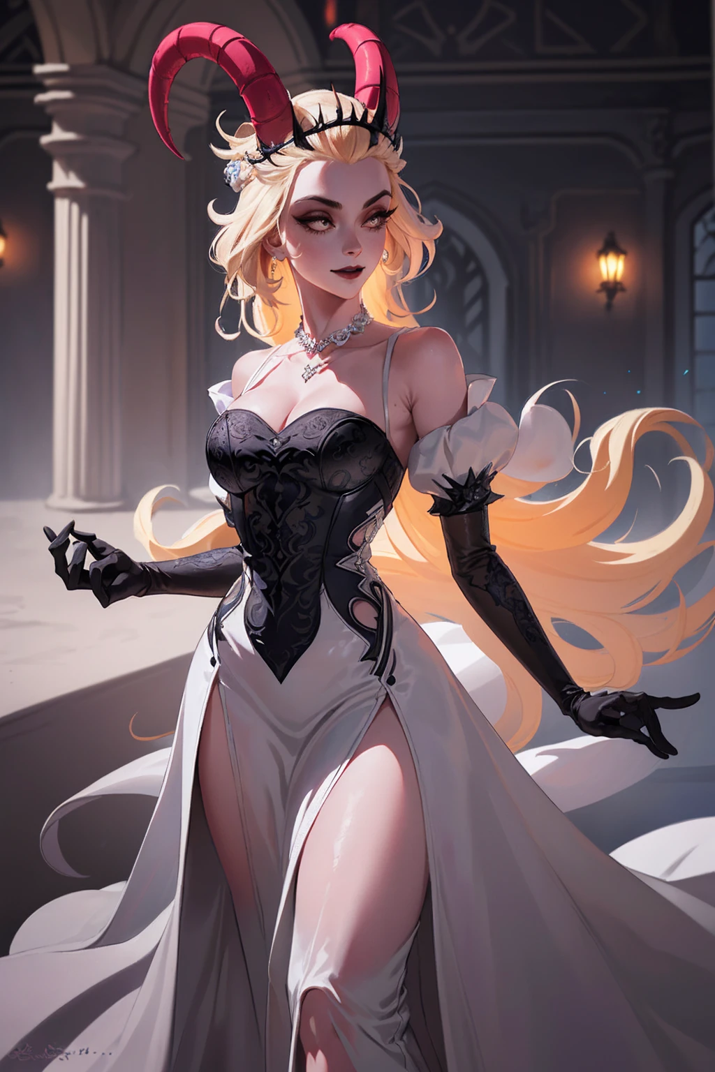 (Lilith:1.2), (grey/gray skin, grey sclera, long blonde hair, white iris, demon horns, makeup), (DefaultOutfit:1.2), (long dress, sleeves, gloves, black dress:1.5), (castle, inside a castle, Victorian theme), (realistic:1.2), (masterpiece:1.2), (full-body-shot:1),(Cowboy-shot:1.2), neon lighting, dark romantic lighting, (highly detailed:1.2),(detailed face:1.2), (gradients), colorful, detailed eyes, (detailed landscape:1.2), (natural lighting:1.2), (powerful pose:1.2), (solo, one person, 1girl:1.5), lilith, hazbin , black dress, perfect fingers, walking, dancing, laughing