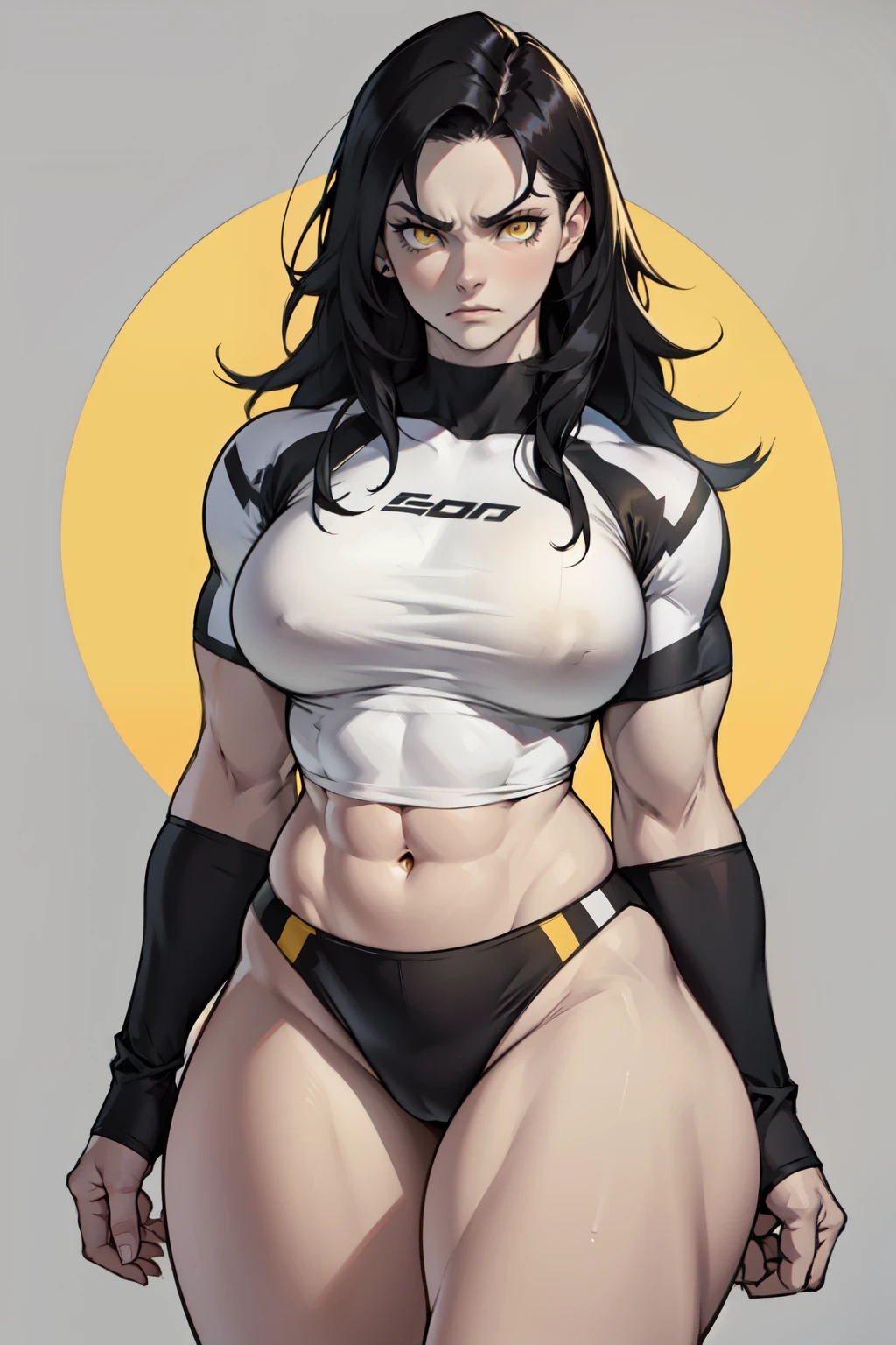 ((1girl)) (pale skin large breasts muscular) toned body thick thighs black hair yellow eyes (long hair grey background) bodybuilder angry tight shirt