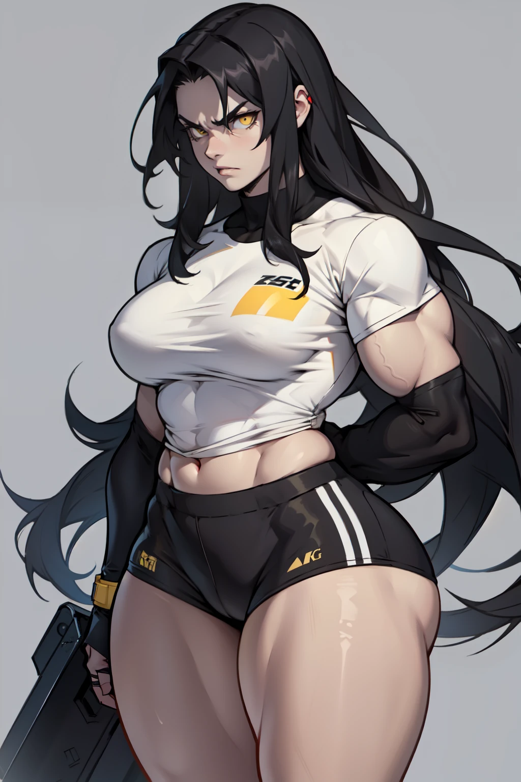 ((1girl)) pale skin large breastuscular) toned body thick thighs black hair yellow eyes (long hair grey background) bodybuilder angry tight shirt female