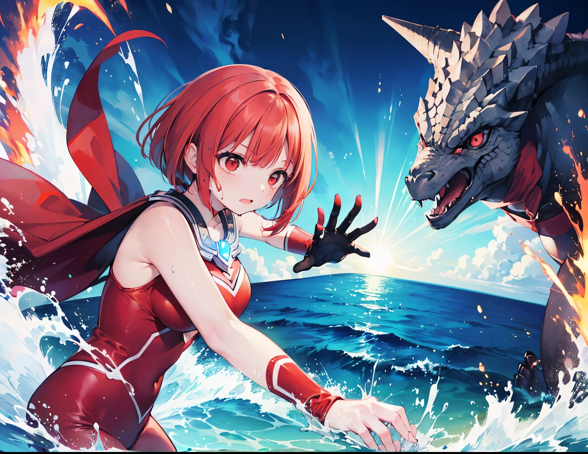 highest quality, ultra detail, High quality CG drawing, The most delicate and beautiful, Floating gently, High resolution, (1 giant woman), (Highest image quality,4K,8K,masterpiece:1.2),(all red hair:1.5),(short bob:1.5),(red eyes:1.5), Ultraman,(Ultra GP :1.0), 赤いUltramanボディスーツ,slightly bigger breasts,red gloves,(rampage :1.0), whole body, (troubled face :1.2), (finding stance), ((dynamic), be familiar with fingers, be familiar with hands, be familiar with face), everything is complicated, Godzilla (attack :1.2), (battle with monsters, battle with monsters, finding), be familiar with,(battle at sea:1.2),soaked in the sea,inflammation,(get wet:1.3)