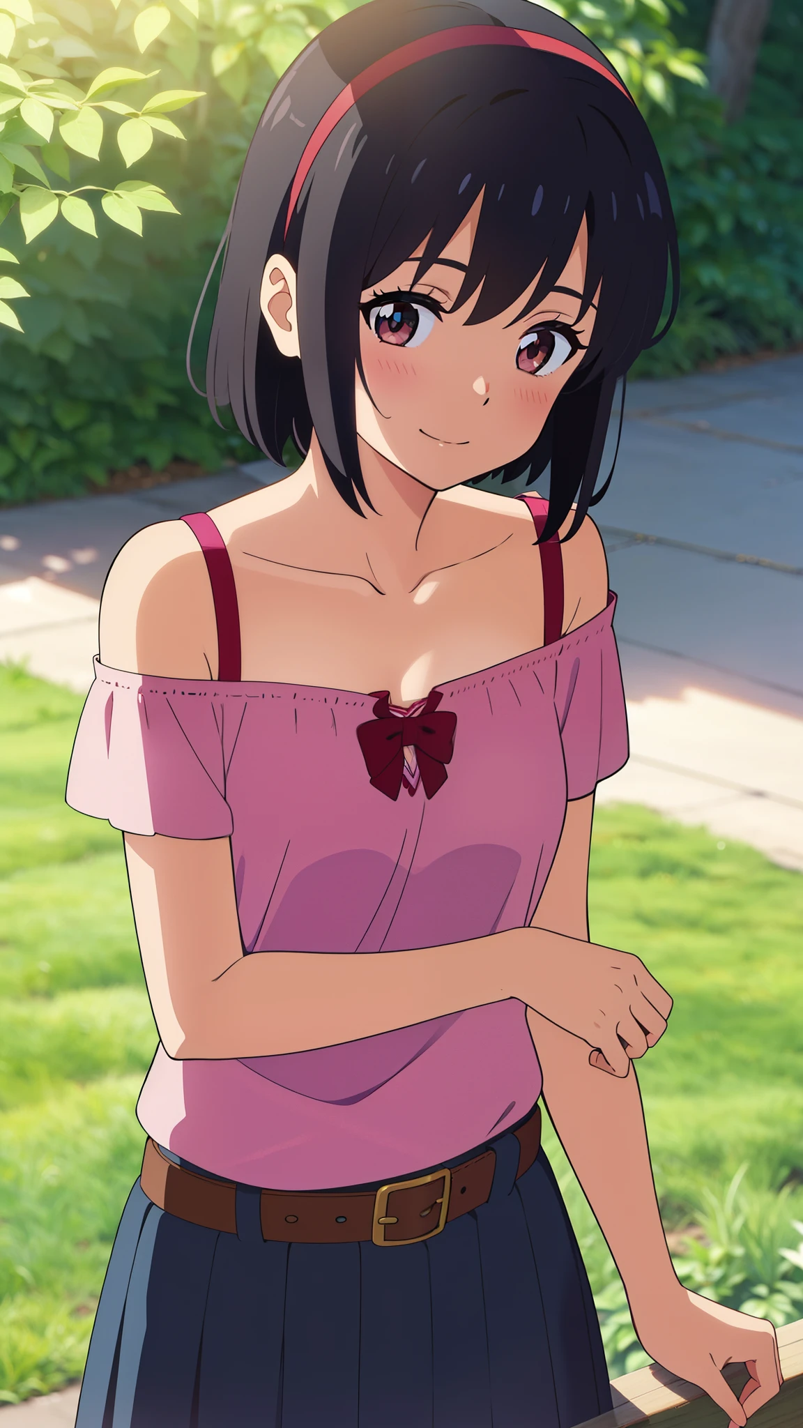shinkai makoto, kimi no na wa., 1girl, bangs, black hair, blush, bright eyes, brown eyes, red headband, red bow, red ribbon, short hair, smile, cute, beautiful, shiny skin, looking at the viewer, solo, pink shirt, collarbone, Off-the-shoulder, bra strap, long skirt, a belt, short sleeves, breastsout, cowboy shot, standing, outside of house, upper body