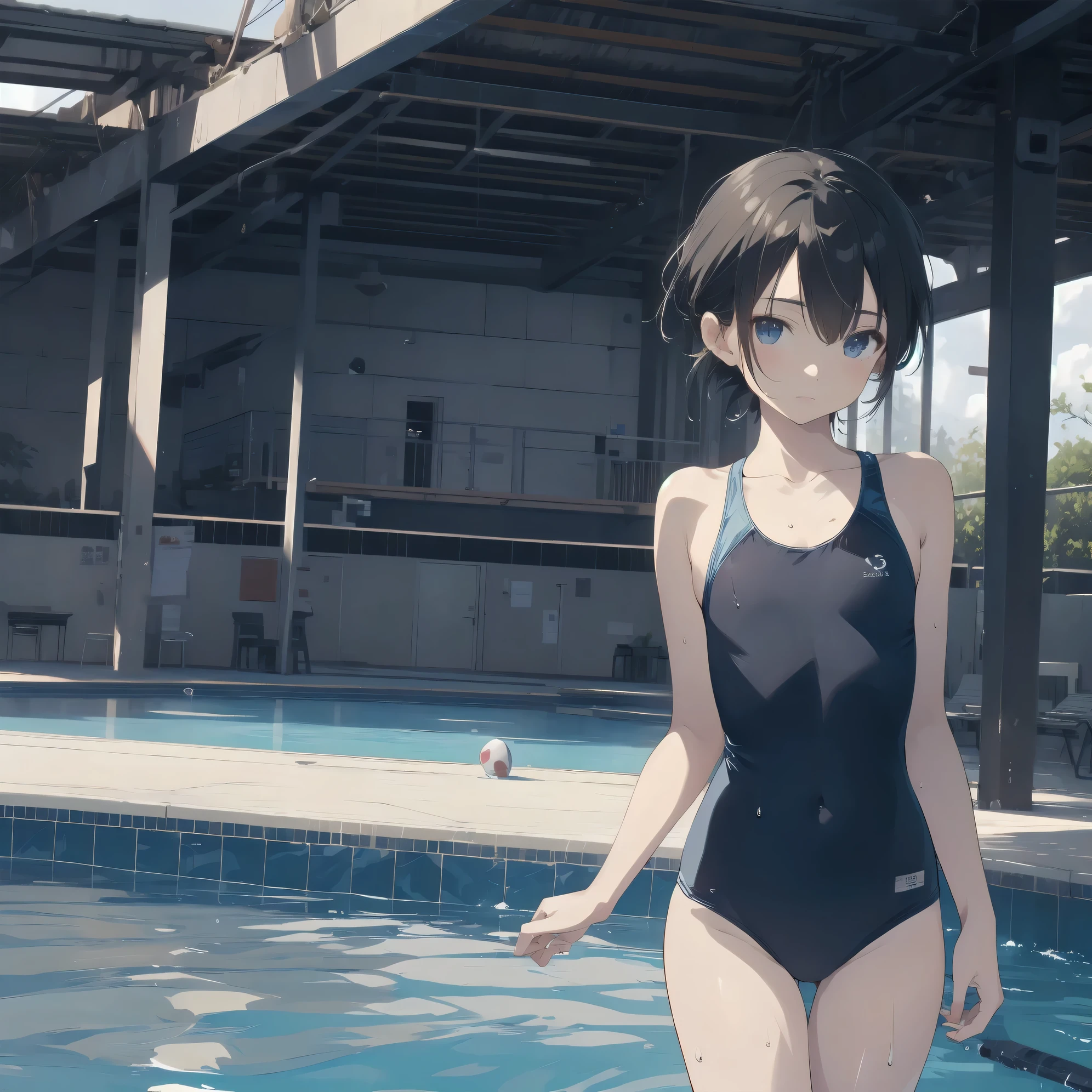 Fujiyama, no、wife,Super absurd quality by the god of art, super detailed, High resolution, anime moe art style, Best Anime 8K Kona-chan Wallpaper, pixiv contest winner, perfect anatomy, break,(Please draw a picture of a girl standing sleepily by the pool in a blue ワンピースwater着. )break,1 girl, (alone, woman, baby fears old:1., full finger,, The charm of an immature body, Wet, (very_short hair), Wet hair, dripping, flat chest, Wet body, small ass, between legs, small black eyes, detailed and beautiful eyes, Well-proportioned iris and pupils, expressive eyes, sleepy eyes, High resolutionの詳細な髪, ワンピースwater着, スクールwater着, (detailed lighting), (detailed background), Pool ladder, Poolside, water, at the school pool. break,super dense skin, shiny skin, Best movie lighting by famous artists, 8k,cute illustration,photoshop_(Moderate),Absurd Hi-Res,Hmm,rough skin