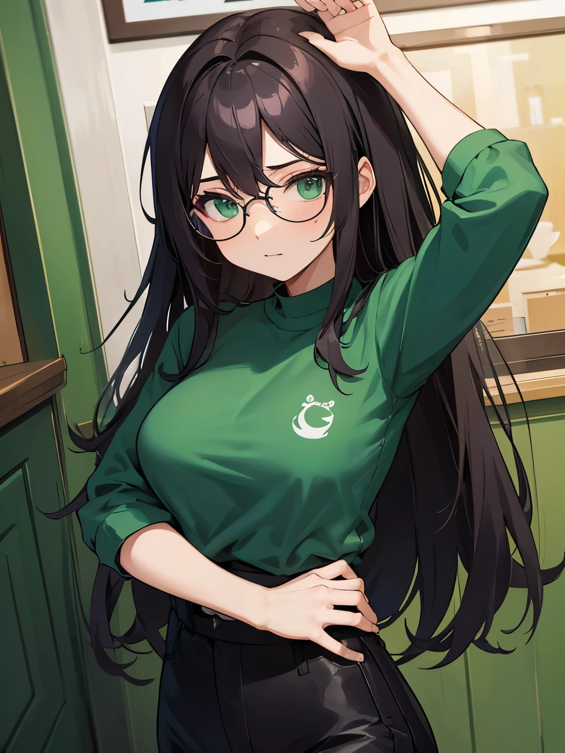 Garota olhando o mar,wearing green shirt and black pants,usando oculos