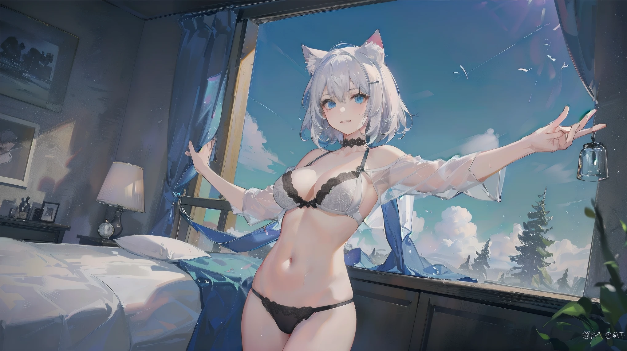 score_9, score_8_up, score_7_up, score_6_up, 1girl, white hair, short hair, looking at viewer, indoors, smug, blue eyes, large breasts, choker, hair between eyes, torogoa, crop top overhang, cat ears, animal ears, hairclip, shirt, no bra, underboob, stretching, navel, wet, white shirt, thong, on bed, <lora:Concept Art Twilight Style
