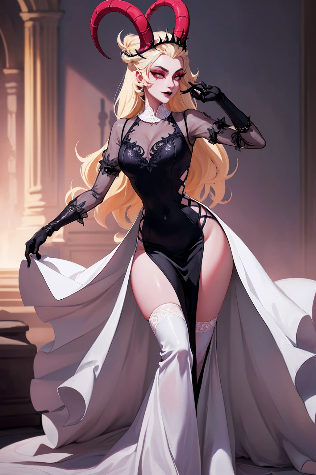 (Lilith:1.2), (grey/gray skin, grey sclera, long blonde hair, white iris, demon horns, makeup), (DefaultOutfit:1.2), (long dress, sleeves, gloves, black dress:1.5), (castle, inside a castle, Victorian theme), (realistic:1.2), (masterpiece:1.2), (full-body-shot:1),(Cowboy-shot:1.2), neon lighting, dark romantic lighting, (highly detailed:1.2),(detailed face:1.2), (gradients), colorful, detailed eyes, (detailed landscape:1.2), (natural lighting:1.2), (powerful pose:1.2), (solo, one person, 1girl:1.5), lilith, hazbin , black dress, perfect fingers, walking, dancing, laughing