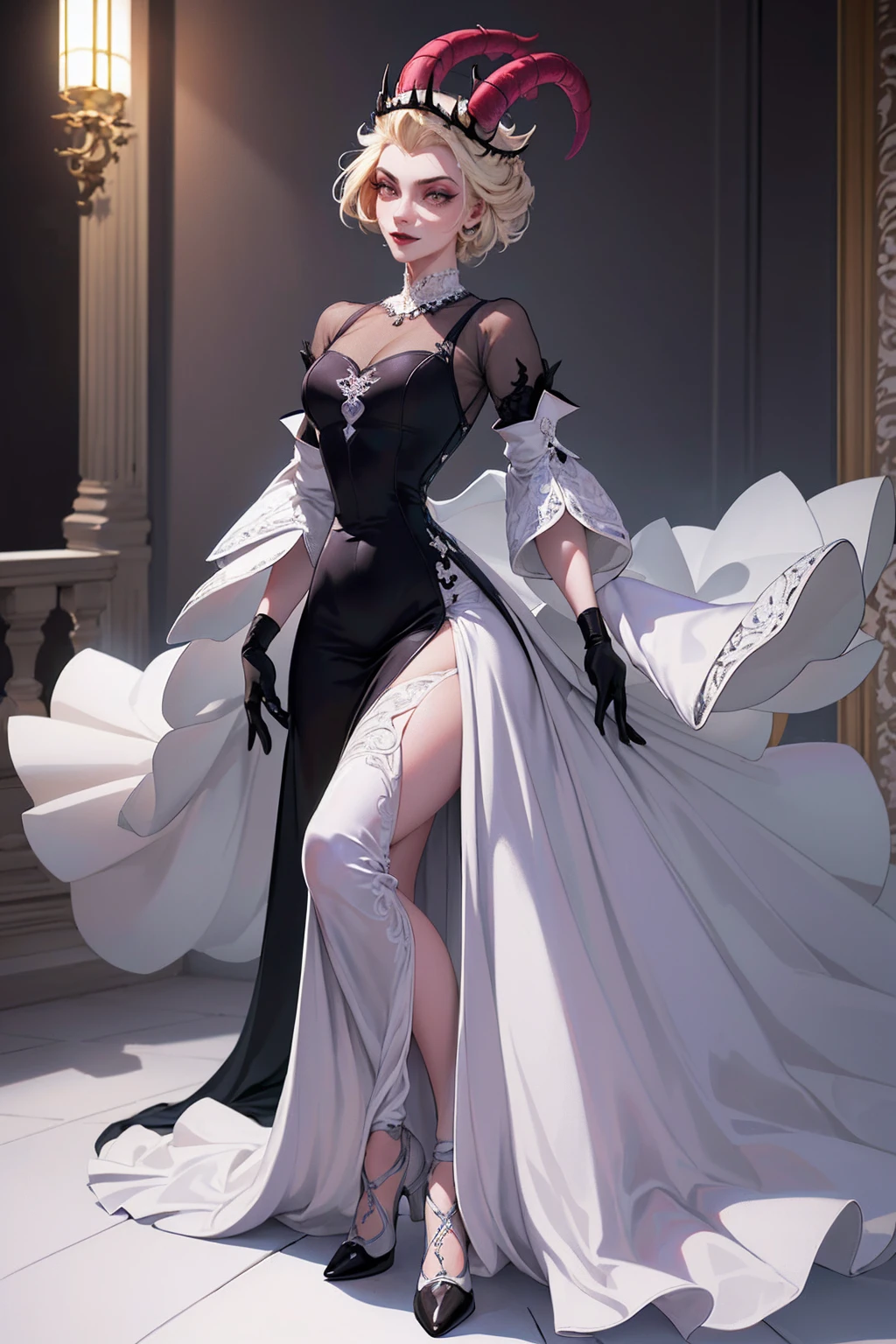 (Lilith:1.2), (grey/gray skin, grey sclera, long blonde hair, white iris, demon horns, makeup), (DefaultOutfit:1.2), (long dress, sleeves, gloves, black dress:1.5), (castle, inside a castle, Victorian theme), (realistic:1.2), (masterpiece:1.2), (full-body-shot:1),(Cowboy-shot:1.2), neon lighting, dark romantic lighting, (highly detailed:1.2),(detailed face:1.2), (gradients), colorful, detailed eyes, (detailed landscape:1.2), (natural lighting:1.2), (powerful pose:1.2), (solo, one person, 1girl:1.5), lilith, hazbin , black dress, perfect fingers, walking, dancing, laughing