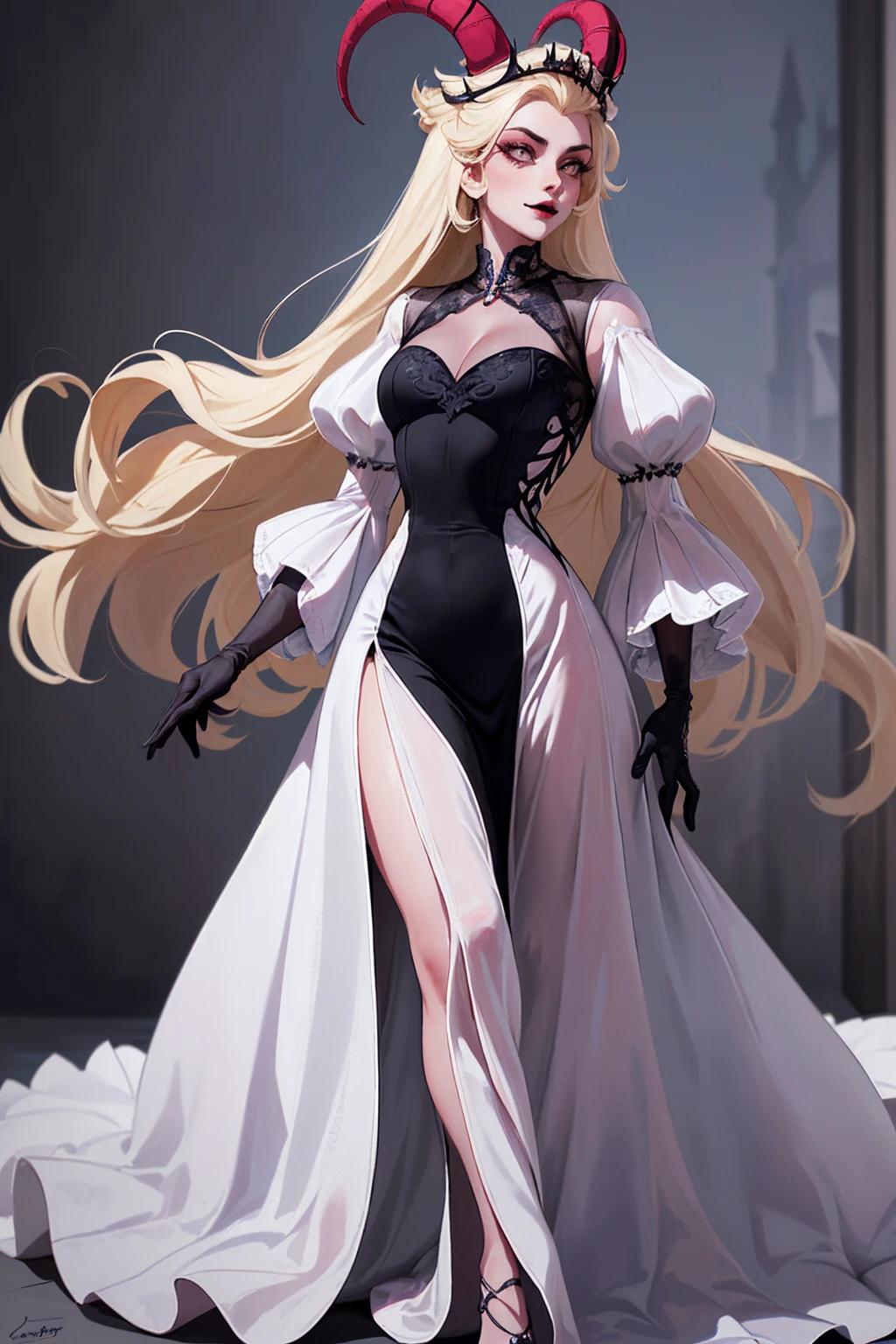 (Lilith:1.2), (grey/gray skin, grey sclera, long blonde hair, white iris, demon horns, makeup), (DefaultOutfit:1.2), (long dress, sleeves, gloves, black dress:1.5), (castle, inside a castle, Victorian theme), (realistic:1.2), (masterpiece:1.2), (full-body-shot:1),(Cowboy-shot:1.2), neon lighting, dark romantic lighting, (highly detailed:1.2),(detailed face:1.2), (gradients), colorful, detailed eyes, (detailed landscape:1.2), (natural lighting:1.2), (powerful pose:1.2), (solo, one person, 1girl:1.5), lilith, hazbin , black dress, perfect fingers, walking, dancing, laughing