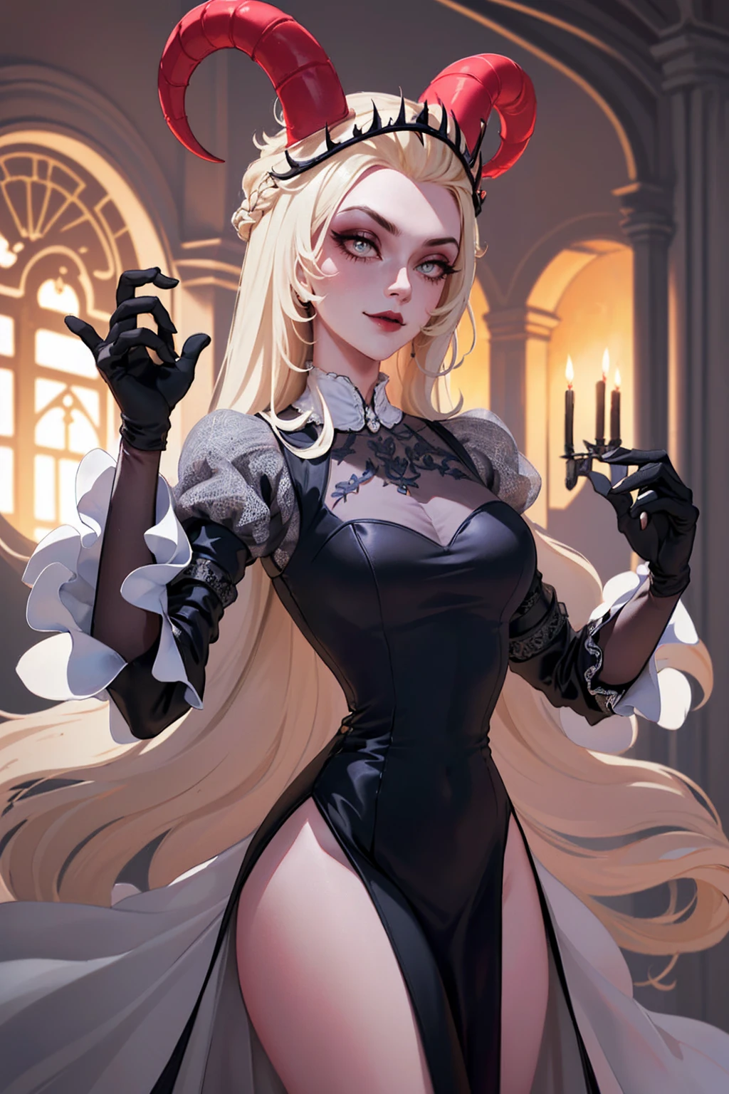 (Lilith:1.2), (grey/gray skin, grey sclera, long blonde hair, white iris, demon horns, makeup), (DefaultOutfit:1.2), (long dress, sleeves, gloves, black dress:1.5), (castle, inside a castle, Victorian theme), (realistic:1.2), (masterpiece:1.2), (full-body-shot:1),(Cowboy-shot:1.2), neon lighting, dark romantic lighting, (highly detailed:1.2),(detailed face:1.2), (gradients), colorful, detailed eyes, (detailed landscape:1.2), (natural lighting:1.2), (powerful pose:1.2), (solo, one person, 1girl:1.5), lilith, hazbin , black dress, perfect fingers, walking, dancing, laughing