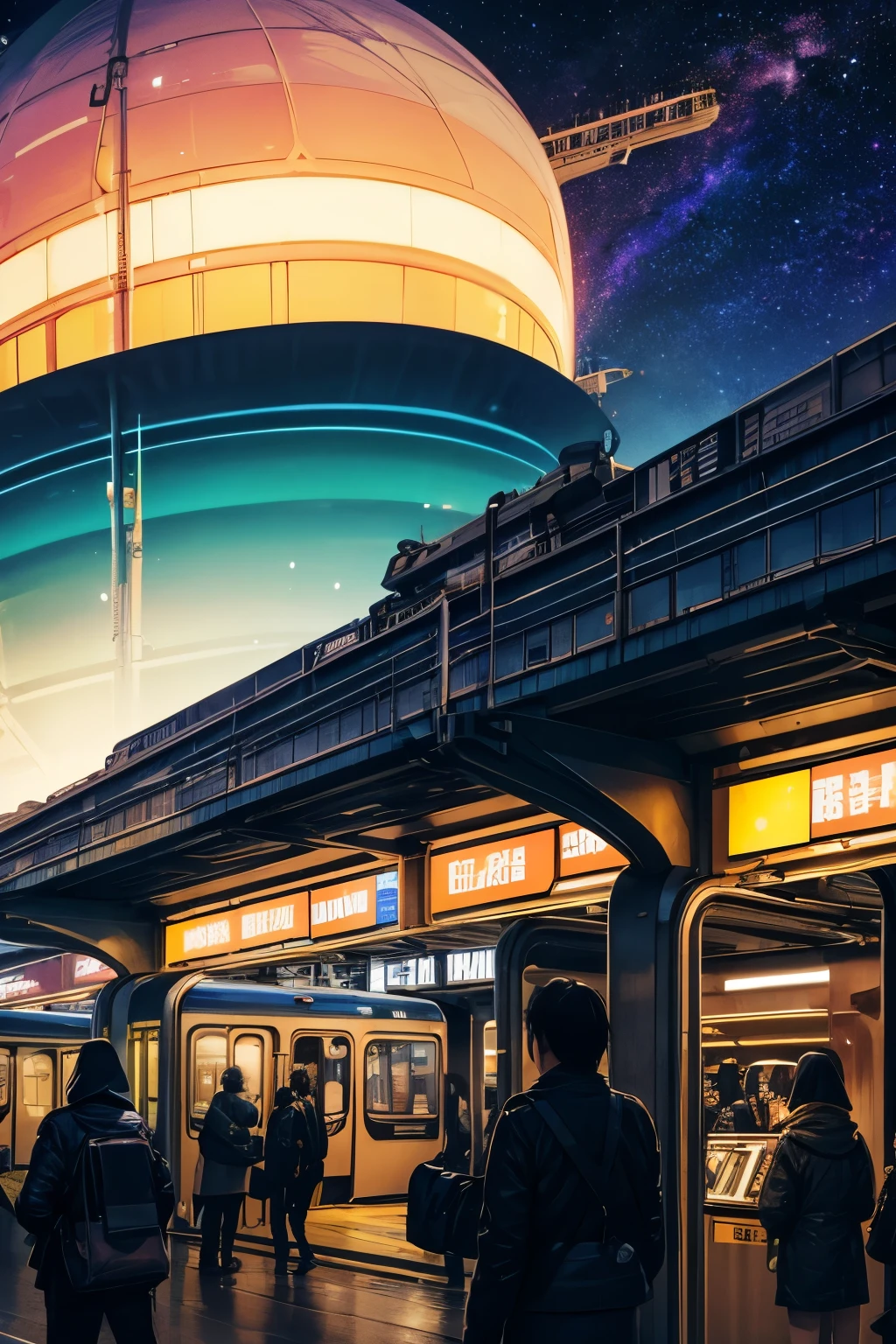 best quality, 32k, RAW photo, incredibly absurdres, extremely detailed, (Galaxy Express terminal station), wide variety of trains, colorful bustle, (background space, galaxy)
