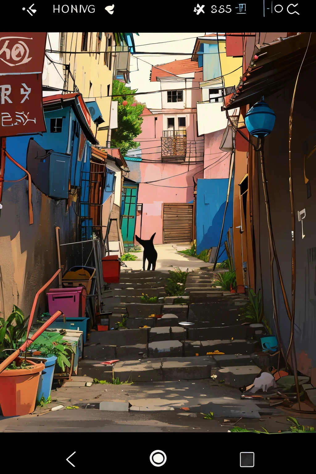 there is a cat that is sitting on the steps in the beco, becos, rua inclinada, beco, small path to the door, in a narrow chinese beco, Rua estreita, back beco, Rua estreitas, becoway, trilha estreita, streets of the ancient city behind her, shady becos, in an beco, location ( favela _ parede ), passos que levam para baixo