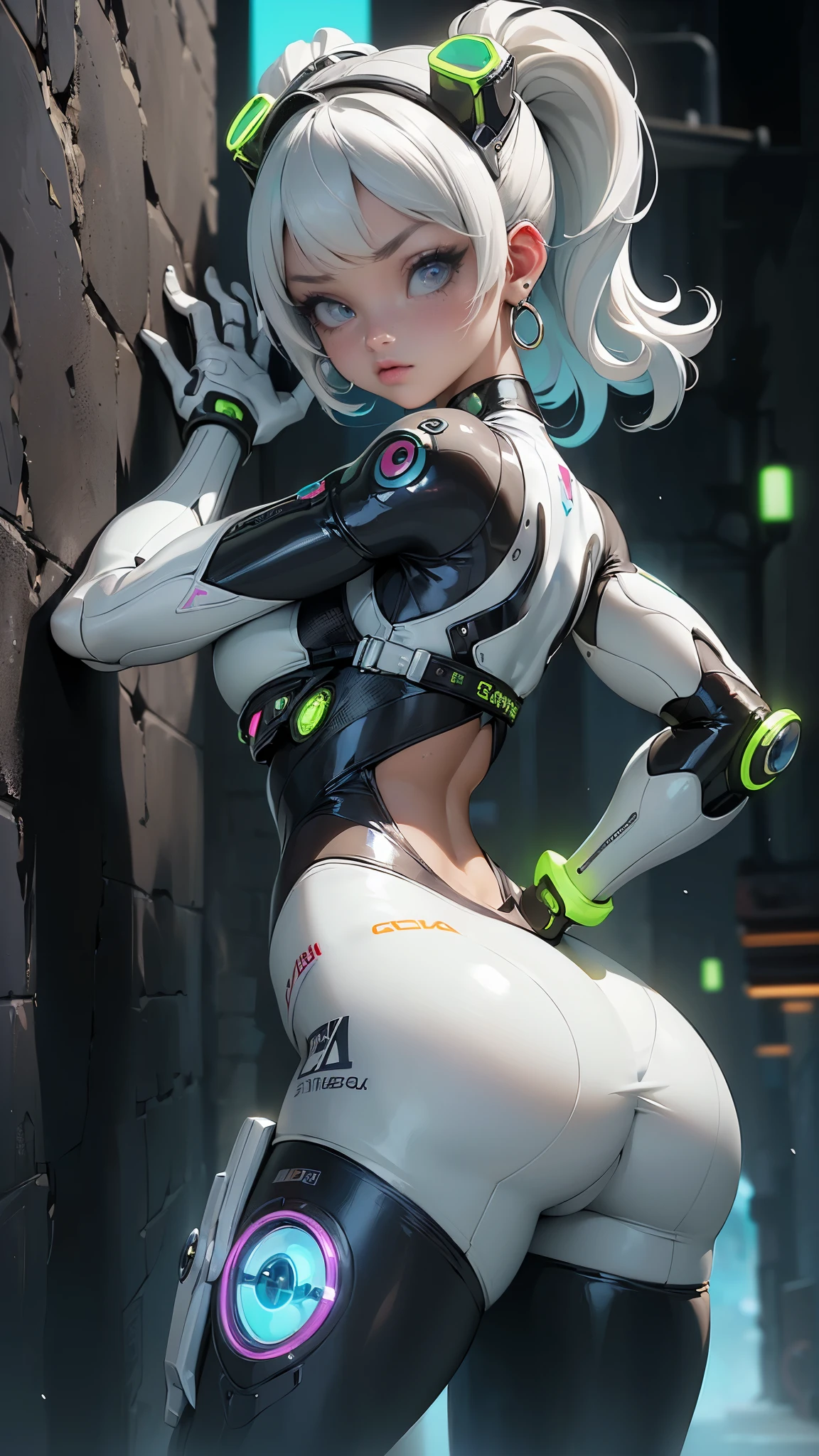 (La mejor calidad,A high resolution,Ultra - detallado,actual),Ariana Grande cyborg ciberpunk 、nalgas grandes、arrodillarse、Electronic visor attached to the face of a -yeld giwith emphasis on the buttocks、Red latex body..,modo ciberpunk、pose sexy、(minifalda blanca pisoteando cyborg :1.4), (Usar polainas amarillas en la parte inferior del cuerpo、Agrandamiento de los senos、Neon lights in the dark city at night..,motor irreal:1.4,hd,La mejor calidad:1.4, fotorrealista:1.4, textura de la piel:1.4, obra maestra:1.8,obra maestra, mejor calidad,(Beautiful and detailed description of the eye..),( neon blue cyborg),(perfect anatomy),(dedos detailed :1.4 ),white cyborg latex bodysuit,,( perfect anatomy 2.1), (estilo ciborg kawaii plateado :1.4), (background alley walls big stones :1.4), (Solo), (ciborg de batalla white :1.6), (Year 2050)