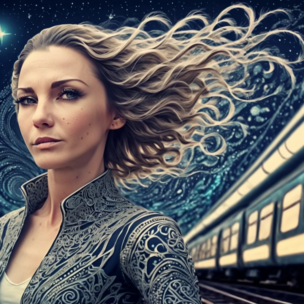 Marija. Magical starry sky. zentangle art deco style racing Train Station, female driver long hair, windy hair, speed, action, art deco style science fiction, magical art deco style future skyscrapers (best quality,4k,8k,highres,masterpiece:1.2),ultra-detailed,(realistic,photorealistic,photo-realistic:1.37)