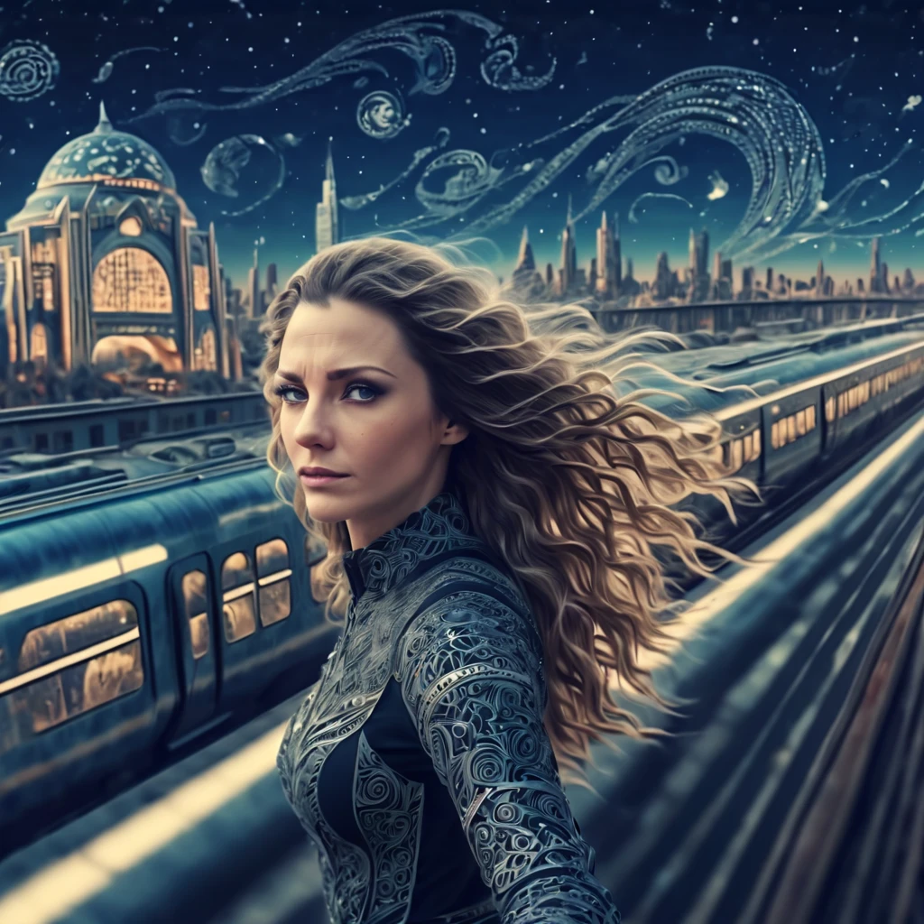 Marija. Magical starry sky. zentangle art deco style racing Train Station, female driver long hair, windy hair, speed, action, art deco style science fiction, magical art deco style future skyscrapers (best quality,4k,8k,highres,masterpiece:1.2),ultra-detailed,(realistic,photorealistic,photo-realistic:1.37)
