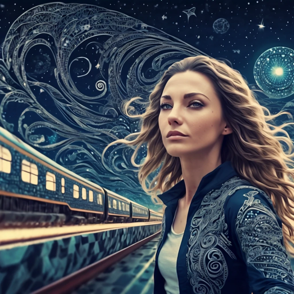 Marija. Magical starry sky. zentangle art deco style racing Train Station, female driver long hair, windy hair, speed, action, art deco style science fiction, magical art deco style future skyscrapers (best quality,4k,8k,highres,masterpiece:1.2),ultra-detailed,(realistic,photorealistic,photo-realistic:1.37)