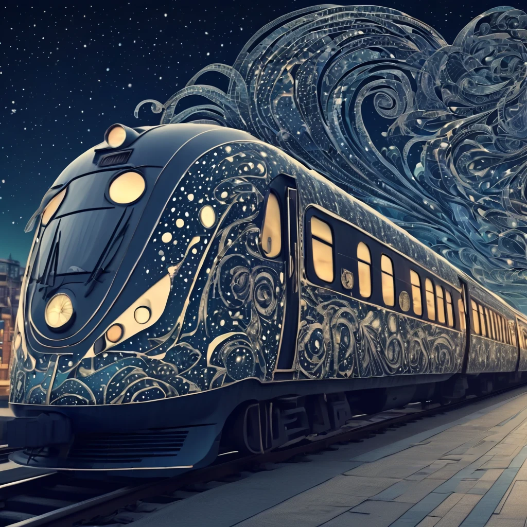 Marija. Magical starry sky. zentangle art deco style racing Train Station, female driver long hair, windy hair, speed, action, art deco style science fiction, magical art deco style future skyscrapers (best quality,4k,8k,highres,masterpiece:1.2),ultra-detailed,(realistic,photorealistic,photo-realistic:1.37)