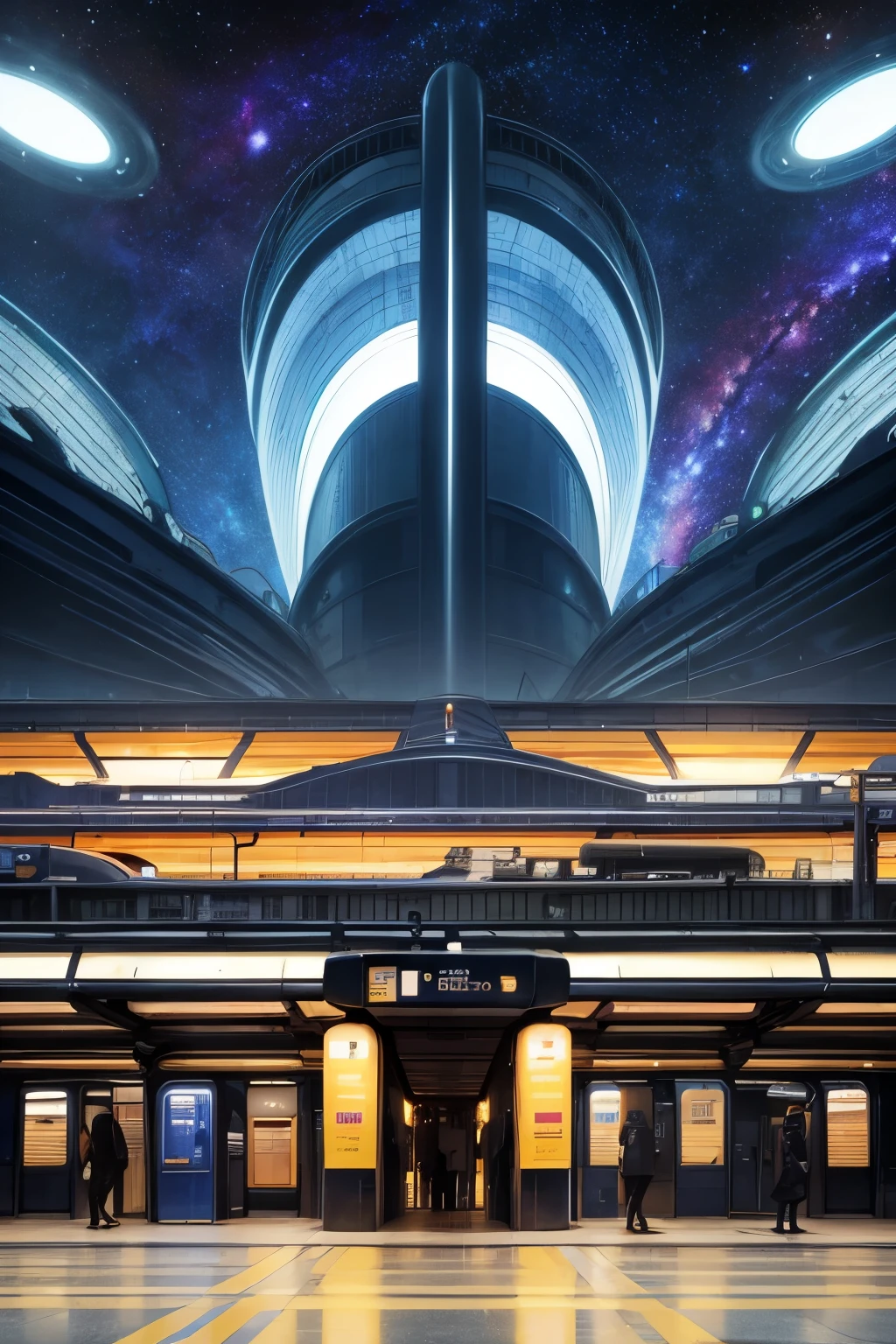 best quality, 32k, RAW photo, incredibly absurdres, extremely detailed, (Galaxy Express terminal station), super near future, wide variety of trains, colorful bustle, (background space, galaxy)