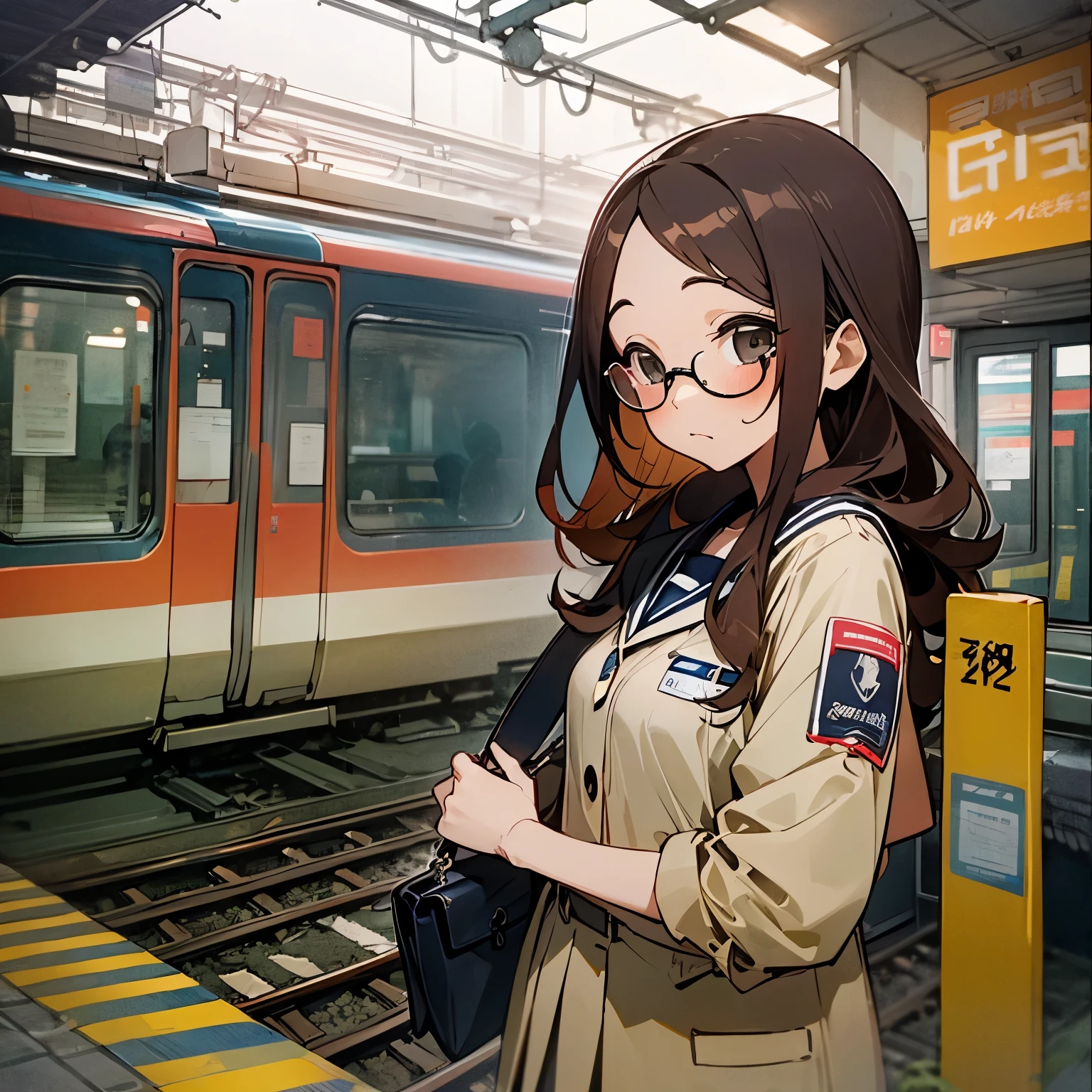 （masterpiece、Super exquisite、high resolution），（romantic、Innocent、𝓡𝓸𝓶𝓪𝓷𝓽𝓲𝓬、adventure、Bold、Travel Elements），1 little girl，Wait for the train，Uniforms, Glasses, Long curly hair, lace， bag，背景TRAIN STATION，（huge saggy breasts：1.5、TRAIN STATION：1.5）