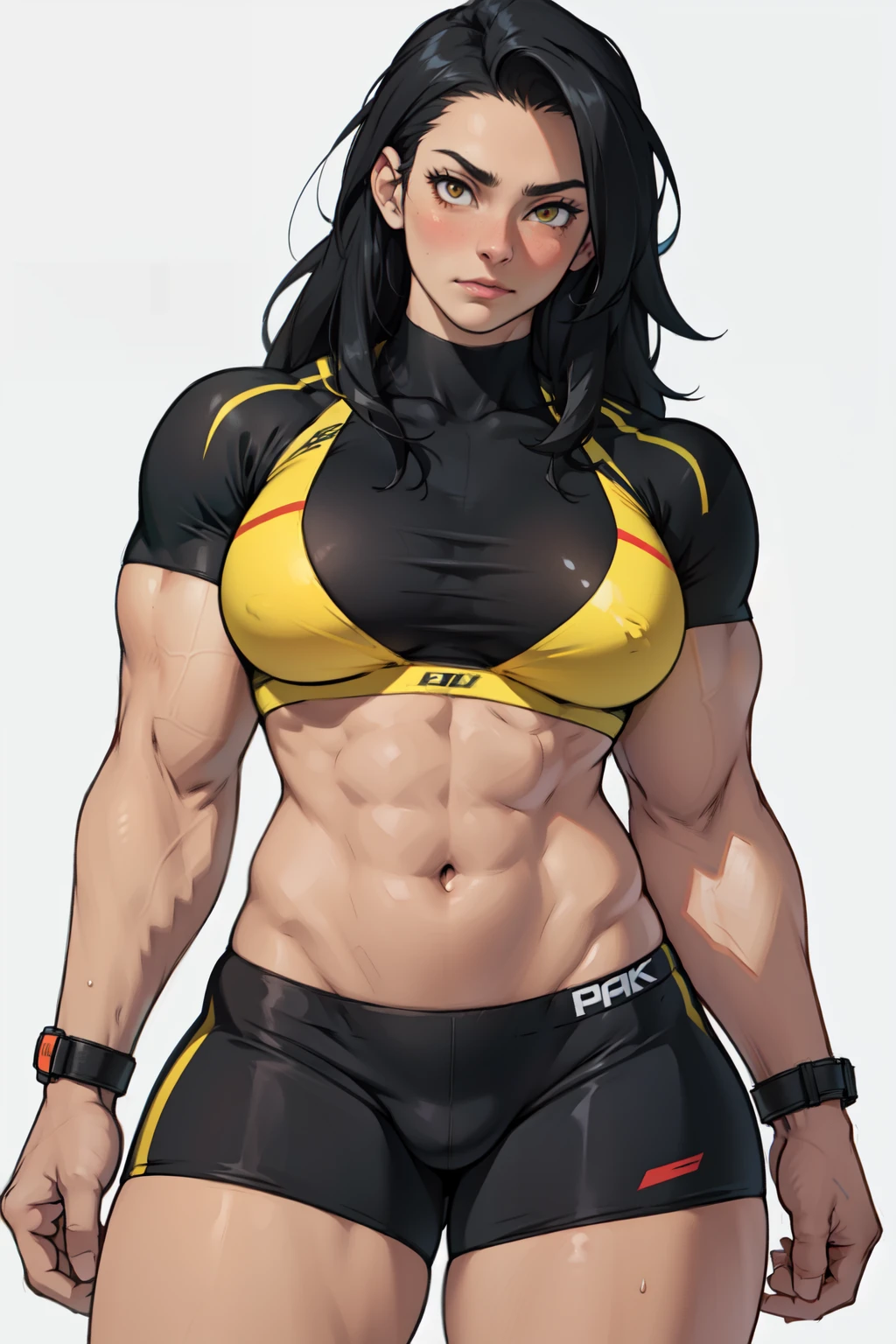 ((1girl)) pale skin (muscular large breasts) toned body thick thighs black hair yellow eyes (long hair) bodybuilder full-face blush (seductive expression) best quality perfect anatomy compression bra bike shorts best quality