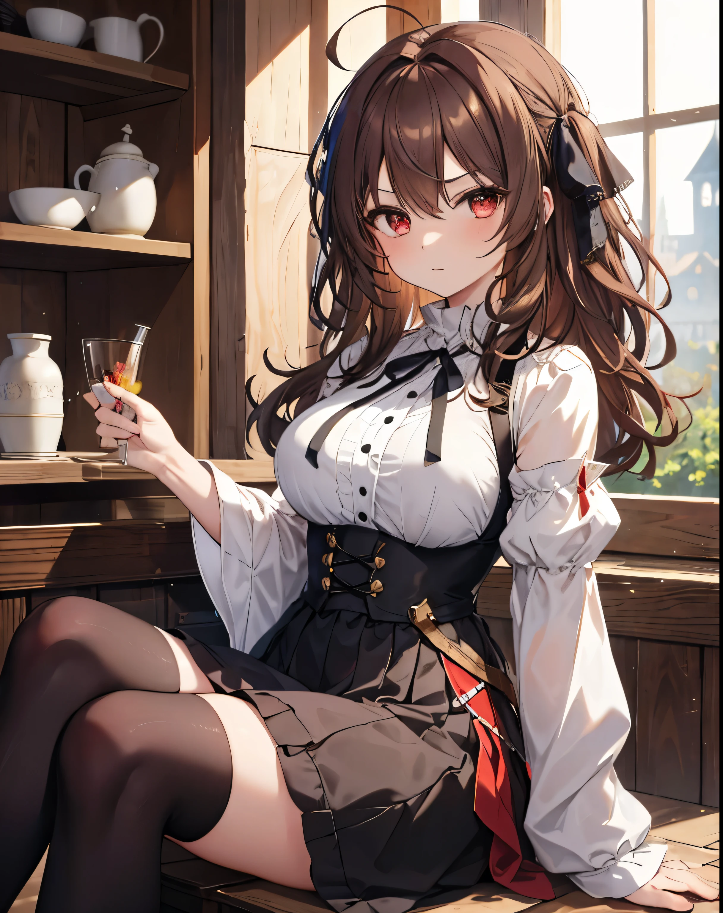 masterpiece,1girl, sparrow, a brown haired girl, wearing a medieval medieval villager clothes, curly medium hair, messy hair, black skirt, slim body, hair ribbon, medium breasts, she close her left eye, shirt ornament, ppai, angry expression, beautiful breasts, rounded breasts, red eyes, dress, miniskirt, sit at medieval village, ahoge,