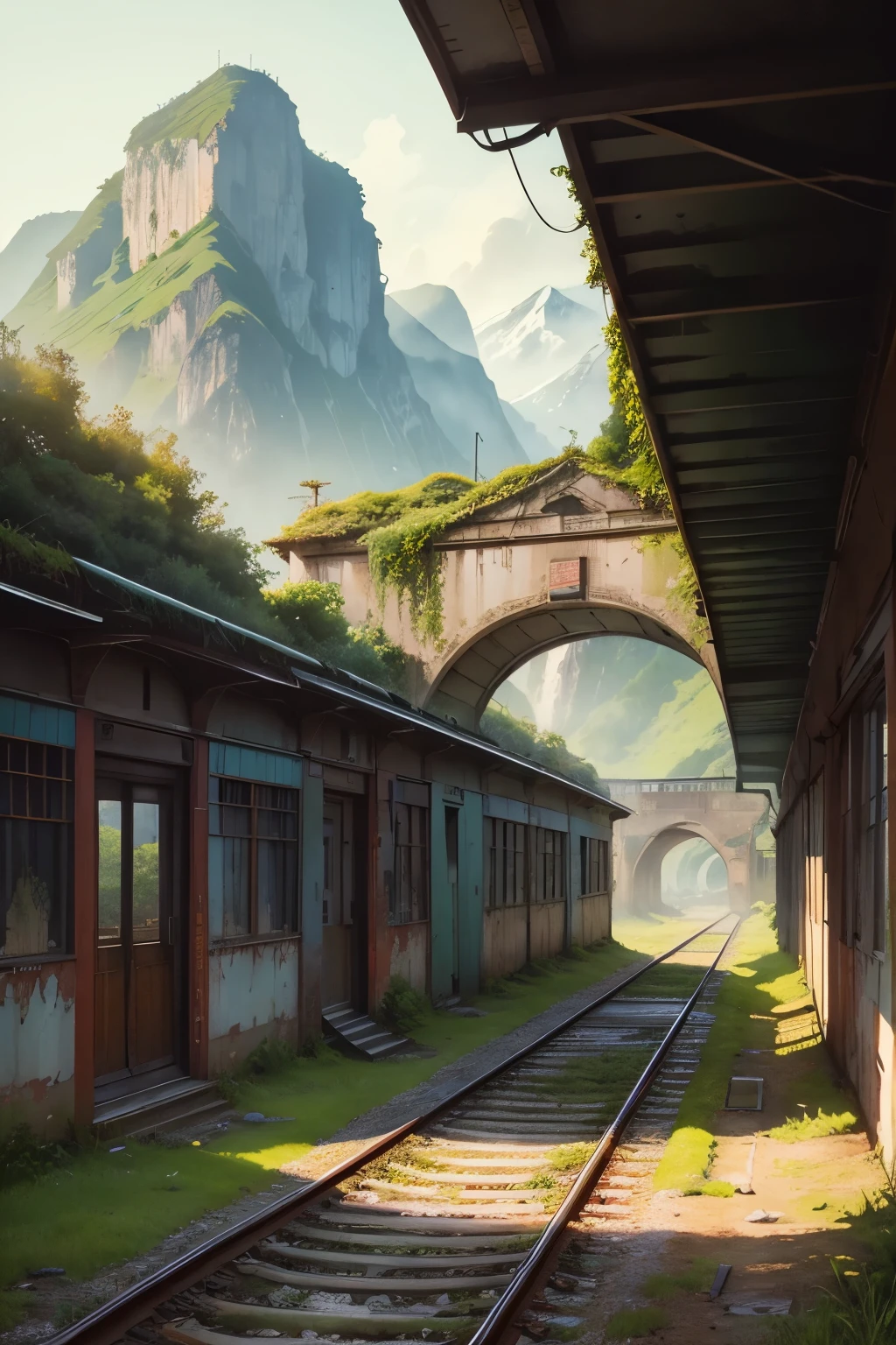 watercolor drawing style, best quality, abandoned railway, single track, decaying railway station building, sea, mountains, ivy, moss, countryside, tunnel