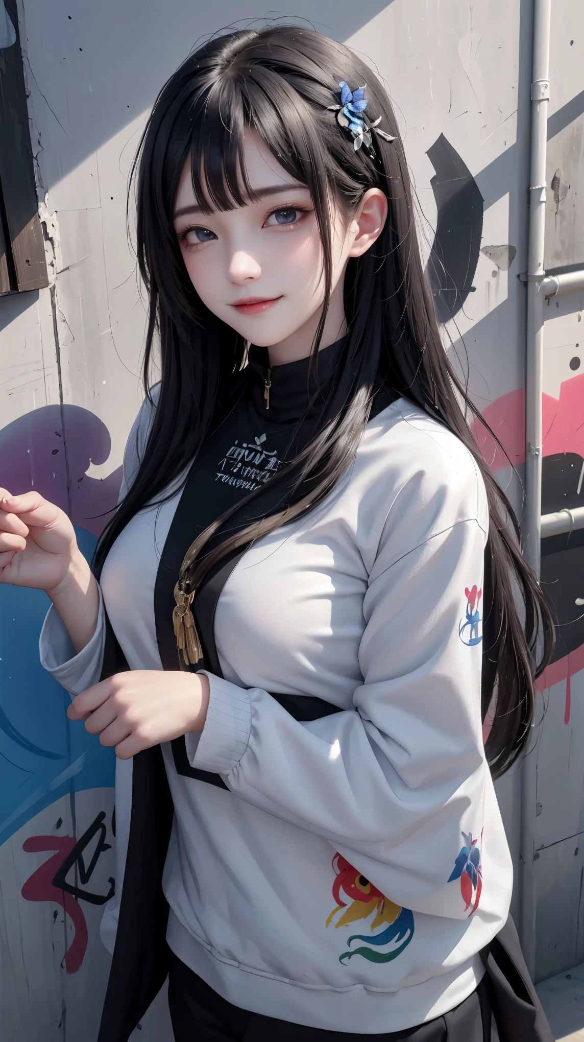 (best quality), masterpiece, 极其细致的CG8K插painting, high color, Extremely high color saturation, All colors are deepened, painting, graffiti art, central composition, Extremely detailed light and shadow, graffiti wall, The walls are painted bright colors, 1 girl graffiti 1 girl looking at the wall, The face and eyes are very detailed, medium length hair, sportswear, colorful clouds