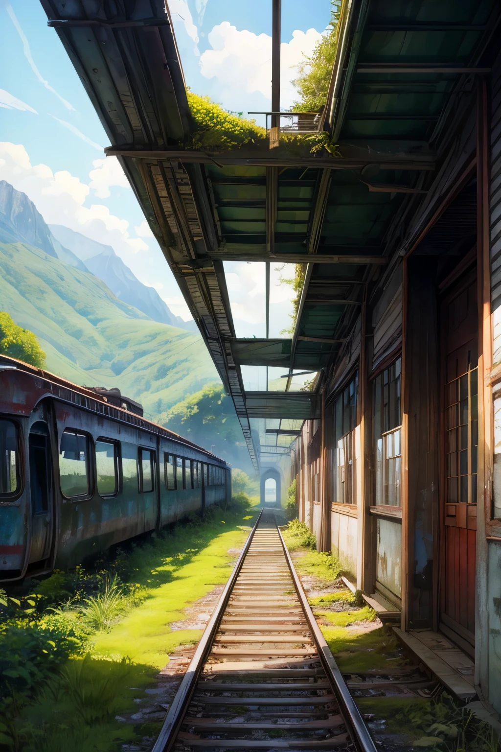watercolor drawing style, best quality, abandoned railway, single track, decaying railway station building, sea, mountains, ivy, moss, countryside, tunnel