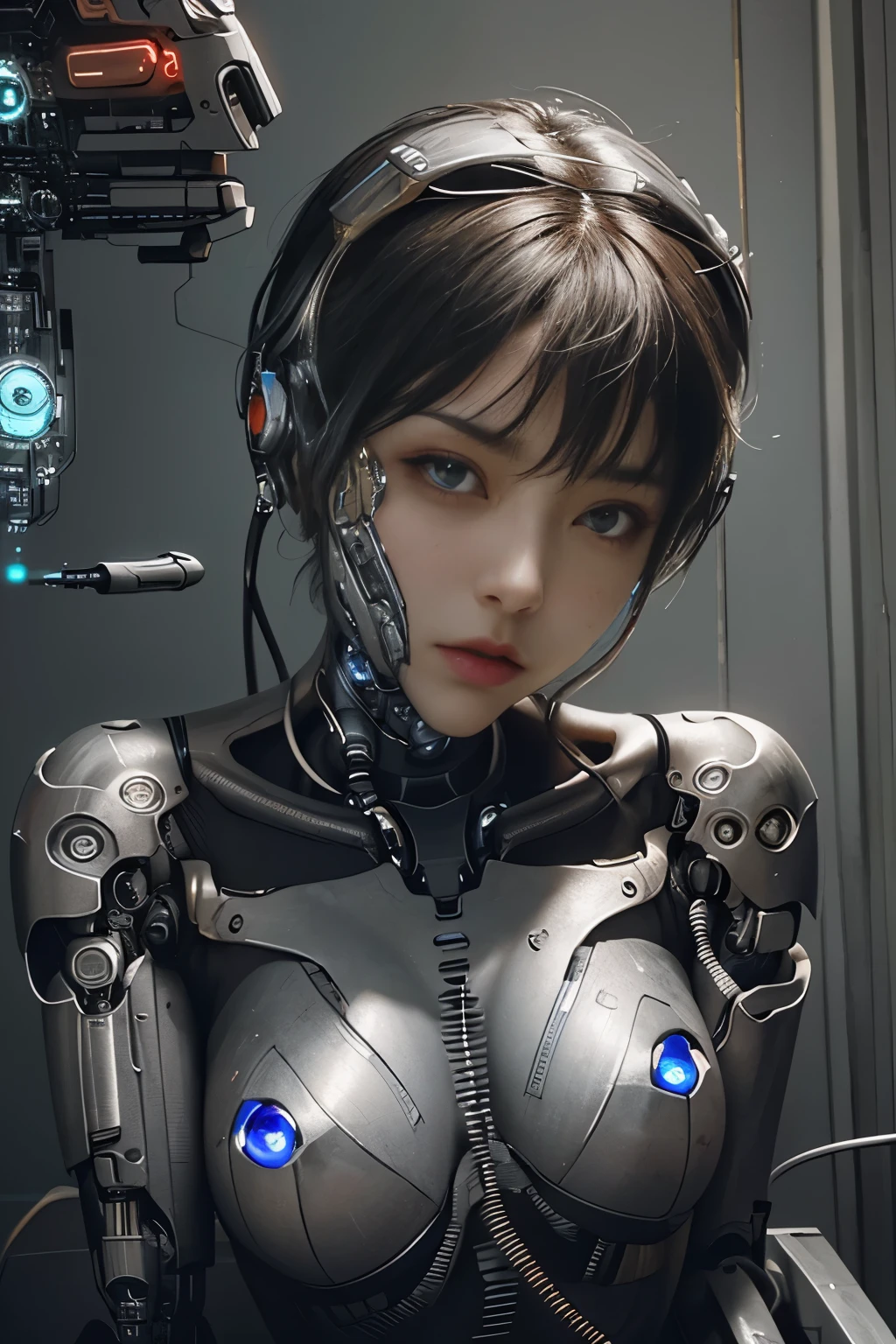 NSFW(((masutepiece))), (((Best Quality))), ((Ultra-detailed)), (extremely detailed photo), ((extremely delicate and beautiful)),(Cute delicate face),Cinematic Light,((one Cyborg Girl and expressionless:2)),(cool beauty),Solo,Full body,(Machine-made jointachanical limbs)),((Sitting)),deadpan,(Many wires and cables to attach to the head and body),(Character Focus),Science fiction,(beautiful face and eye, double eyelid,delicate skin,slender body shape)