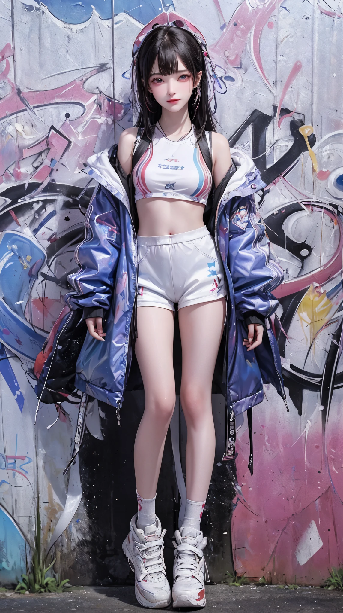 highest quality, Very detailed, masterpiece, 1 person,woman,(((完璧なwomanの体))),Very beautiful face, Very beautiful body,Gentle expression, Very beautiful eyes,(Perfect Makeup:1.1),Fashion Model,Cyberpunk Fashion,Curly Hair,Shaggy Hair,Fluorescent pink and blue hair:1.3, Very thin body,Smart Abs, Monogram pattern,Gradation,Formal suit,Two-tone high-top sneakers,A kind smile,Full body portrait,(Background of London), (Shiny skin),(Earrings),Seesul,Long scarf,long shawl,