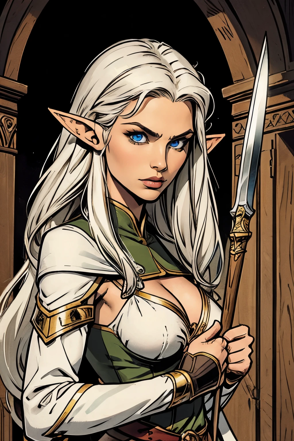 A beautiful and arrogant female elf, long white hair, bob front, elf ears, blue eyes, thin lips, round face, medium breasts, wearing gray archer tunic, female elf, holding a dagger, indifferent look