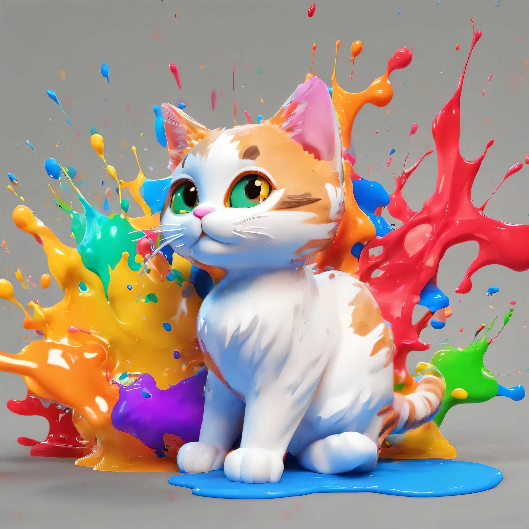 (masterpiece, highest quality, High resolution), white background, ((colorful paint splash, color splash, large amount of ink splash, color splash)), (Cute calico cat mascot), 3D anime, Holding a paintbrush, innocent smile, front, whole body, lively, bucket of paint,