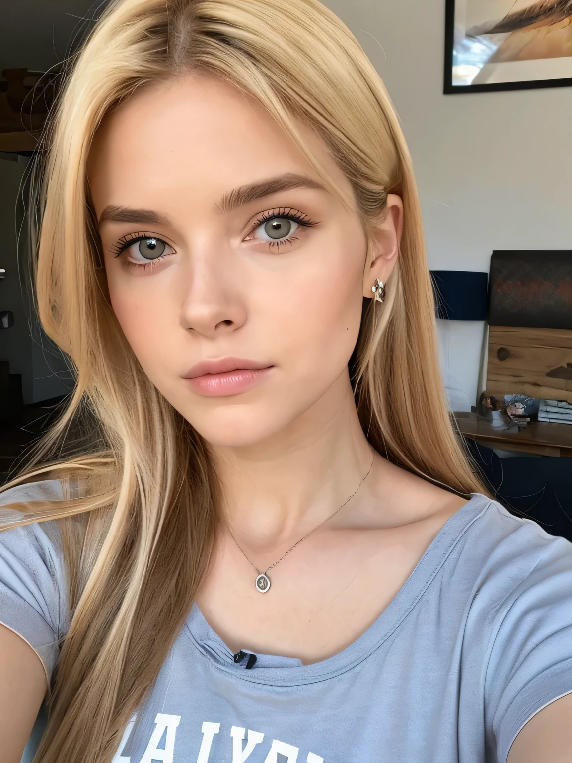 selfie, Foto de Linda 24 anos.Kate Mildrew, medium-length blonde hair, olhos azuis, olhos detalhados, pale skin, parecendo confiante, Casual, interior, com ar de superioridade, camiseta preta, jeans, clivage,
