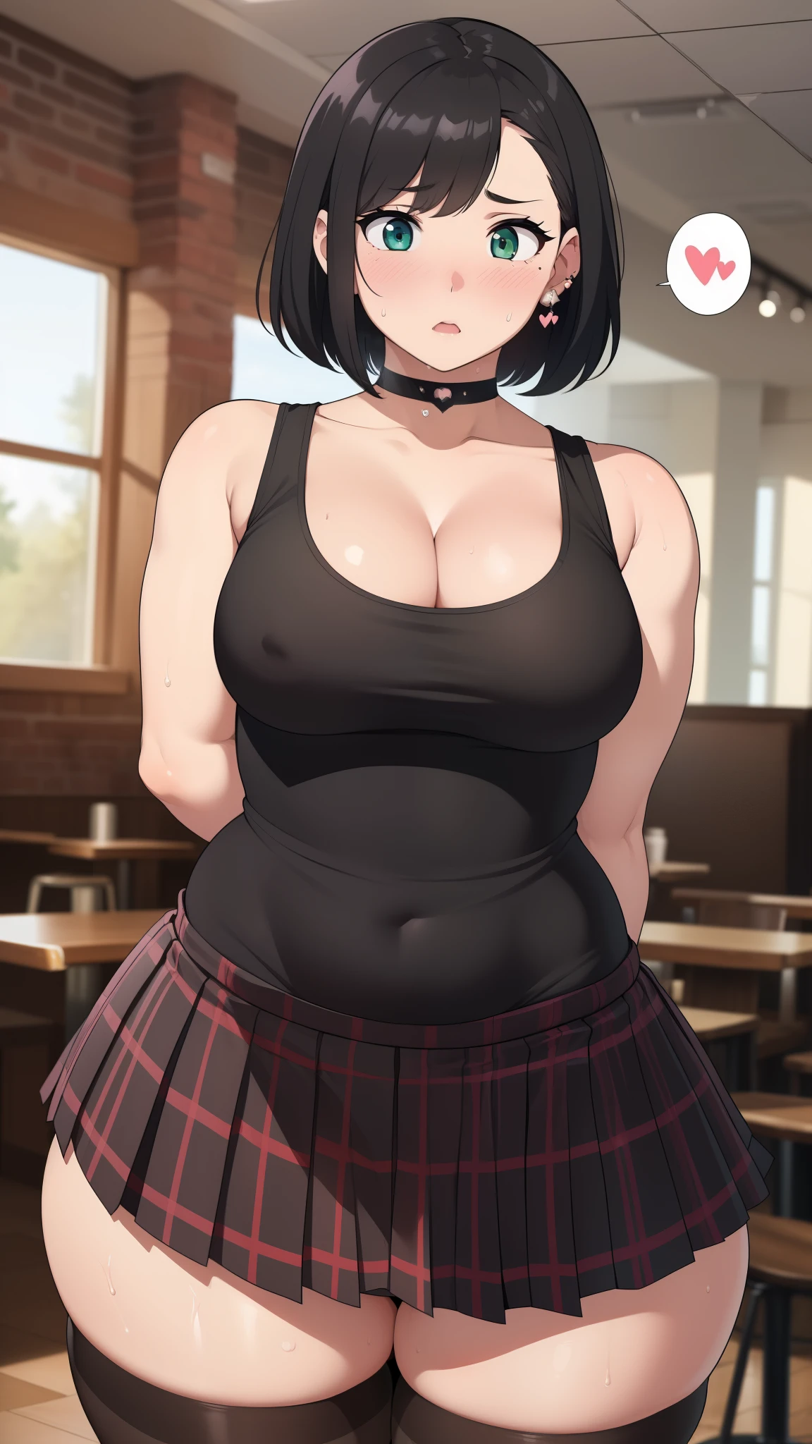 ((Masterpiece)), perfect anatomy, perfect shading, field of depth, (best quality), extremely delicate and beautiful, perfect lighting, detailed face, ultra cute face, cute, (cowboy shot 1.2), (((1girl))), ((solo)), looking at viewer,
short hair, fluffy hair, black hair, green eyes, hair covers one eye, (((Blush))), shy, nervous, sweating, in love, (black tank top 1.5), (plaid pleated skirt 1.2), choker, arm warmers, piercings, extremely tight clothes, large breasts, cleavage, (wide hips), (thick thighs),
coffee shop, arms behind back intricate background, detailed background, (spoken heart),