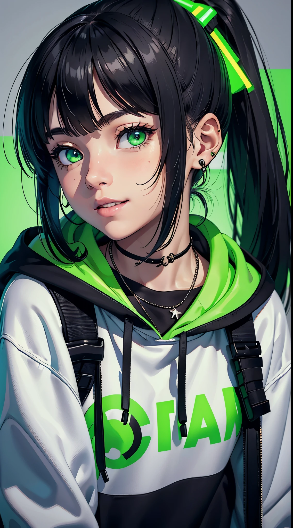 semi-realistic cinematic artwork, a close up on a mischevieous girl wearing a black hoodie with neon green details, neon green, cute expression, curious eyes, shimmering eyes, long hair, (smilling), ponytail, she has lovely bangs, the girl wears a cute earing, necklace, beautiful vivid eyes, portrait of a sensual girl, comfy, the iamge trasnmit good feeling, relaxed atsmophere, realxed expression, detailed strands of hair, soft lips, elegant. gracious girl, depth of field, detailed iris, tongue out, blushing