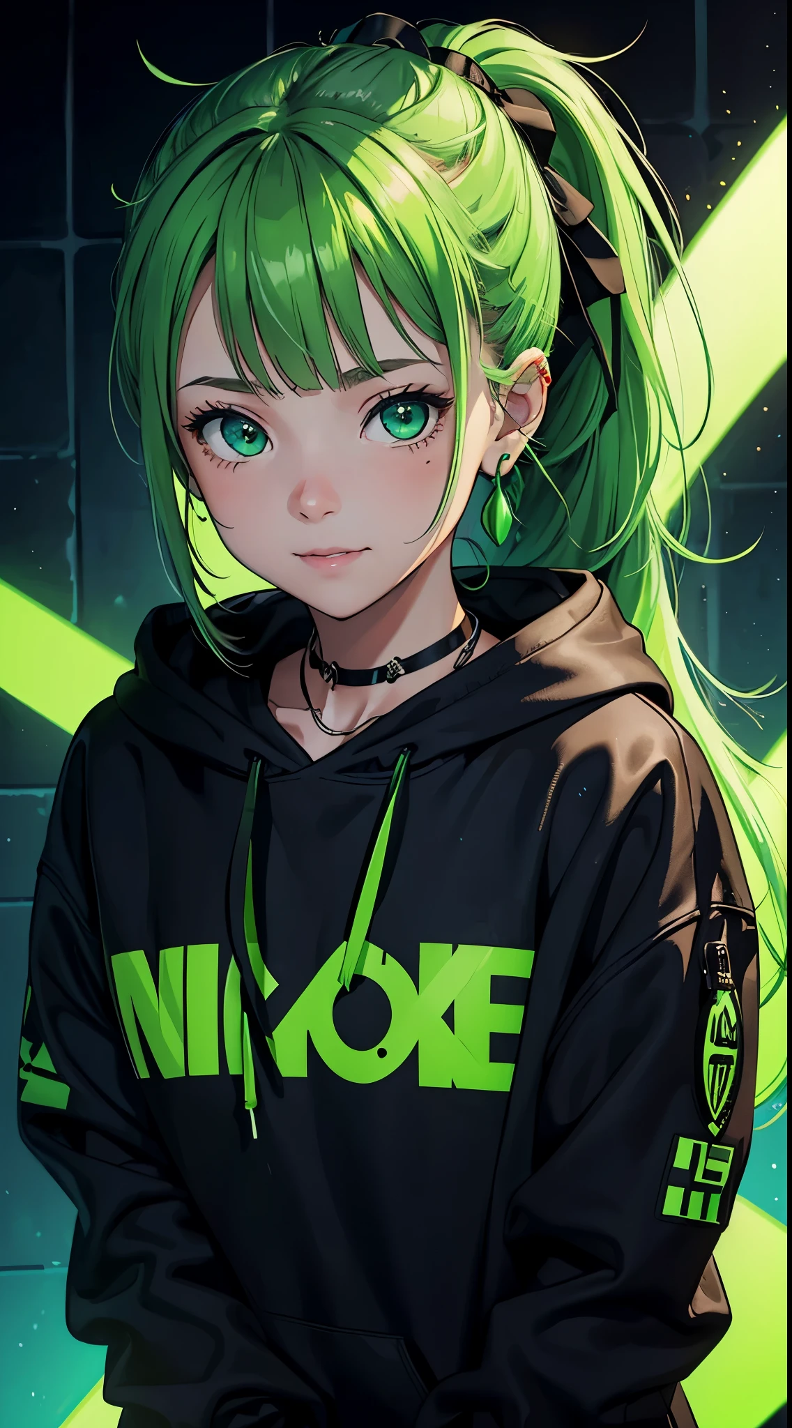semi-realistic cinematic artwork, a close up on a mischevieous girl wearing a black hoodie with neon green details, neon green, cute expression, curious eyes, shimmering eyes, long hair, (smilling), ponytail, she has lovely bangs, the girl wears a cute earing, necklace,