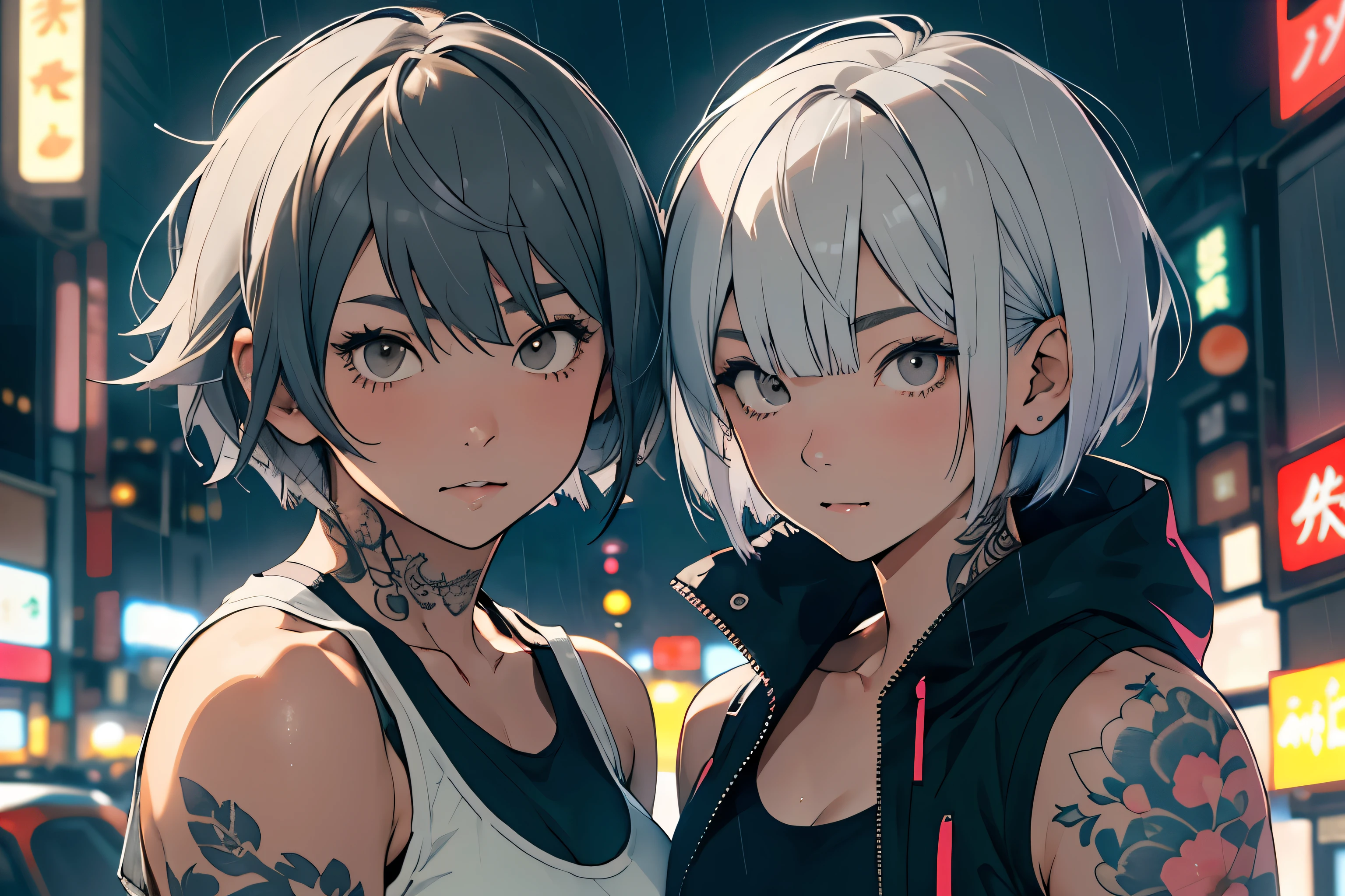 portrait, 2 girls, Japanese、30 years old、beautiful face, asymmetrical hair, gray hair,  Tank top、tattoo, ,, black eye, hip vent, open jacket, cute, look at the audience, City of night, neon, Rainy,short bob cut、Upper body、evil person、muscular