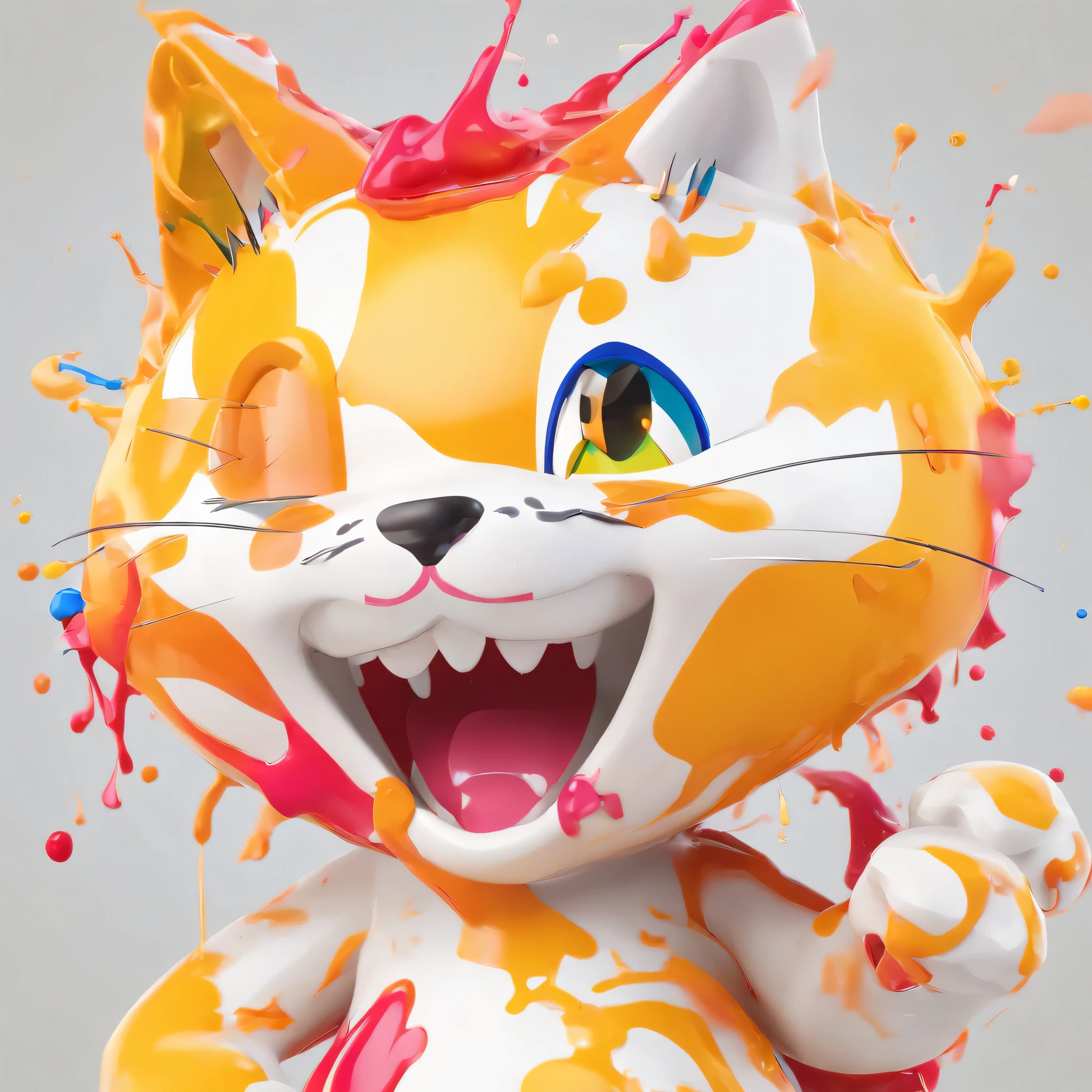 (masterpiece, highest quality, High resolution), white background, ((colorful paint splash, color splash, large amount of ink splash, color splash)), (Cute calico cat mascot), 3D anime, bikini, big breasts, thin waist, Holding a paintbrush, innocent smile, front, whole body, sexy pose, bucket of paint,