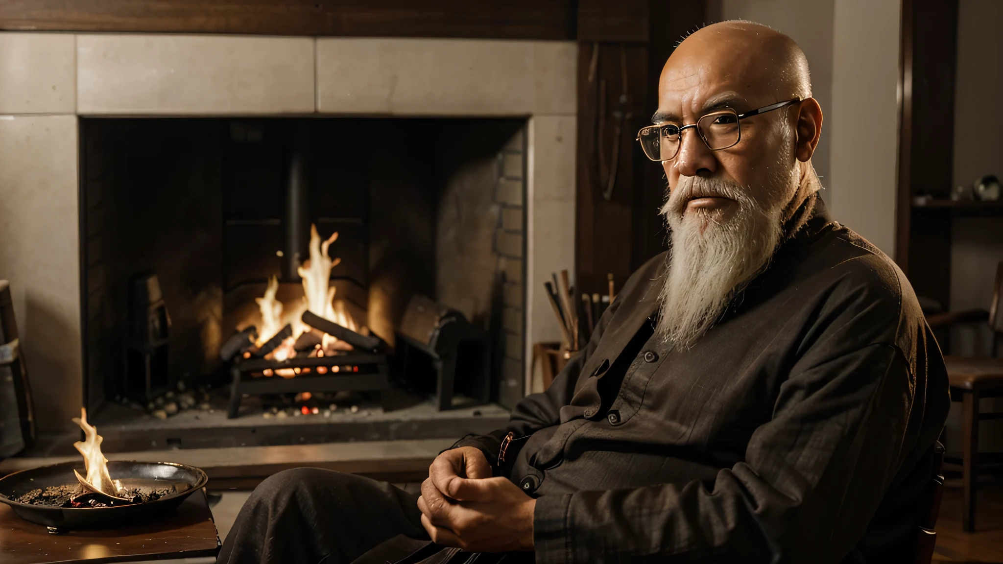 ultra realistic, cinematic image, In the middle distance, de um velho, with oriental characteristics, Careca, com barba branca, with glasses, dentro de uma casa muito simples, sentado ao lado de uma fogueira