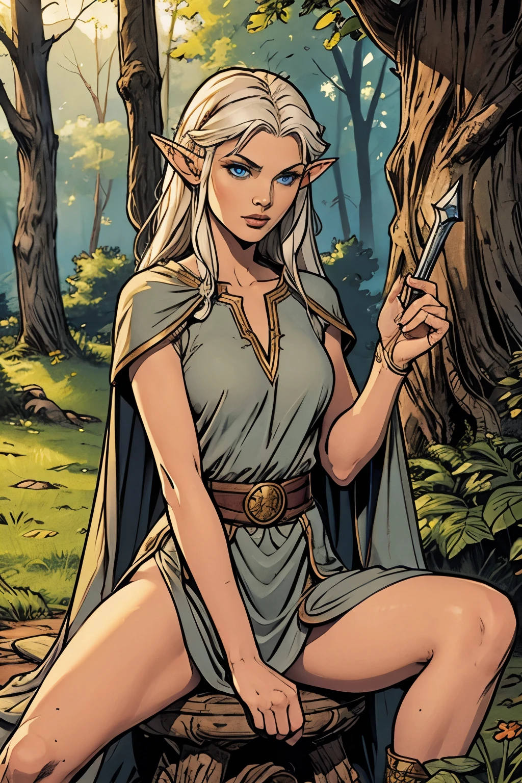 A beautiful and arrogant female elf, long white hair, bob front, elf ears, blue eyes, thin lips, round face, medium breasts, wearing gray archer tunic, female elf, holding a dagger, indifferent look, sitting with legs open on an oak throne full of roots around