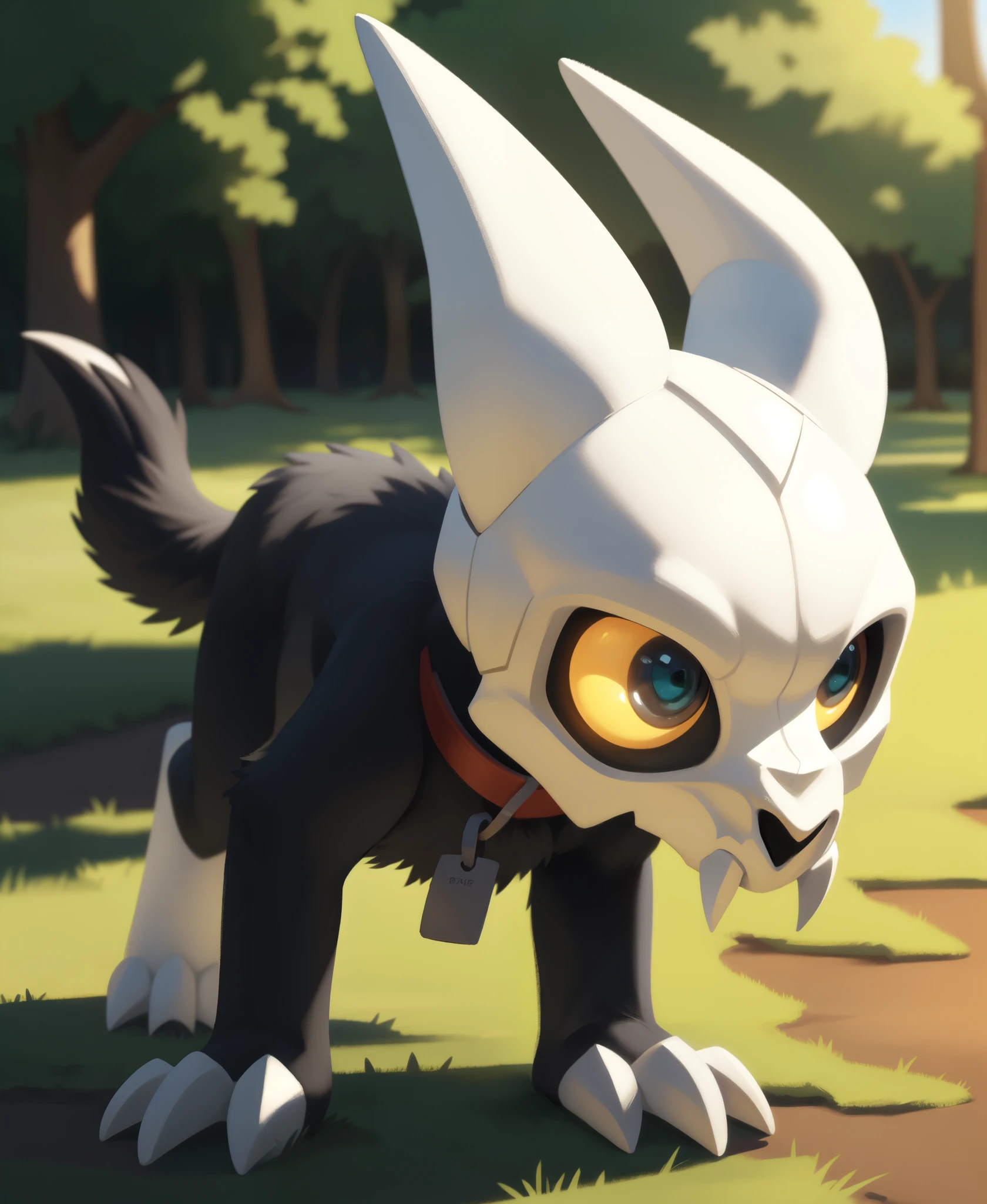 beautiful eyes, high detail skin, high detail eyes, high detail hair, highres, ultra detailed, sharpen picture, Highly detailed, masterpiece, best quality, photorealistic, 1boy, skull helmet, teeth, colored sclera, red collar with circle pet tag, claws, tail, standing in a park