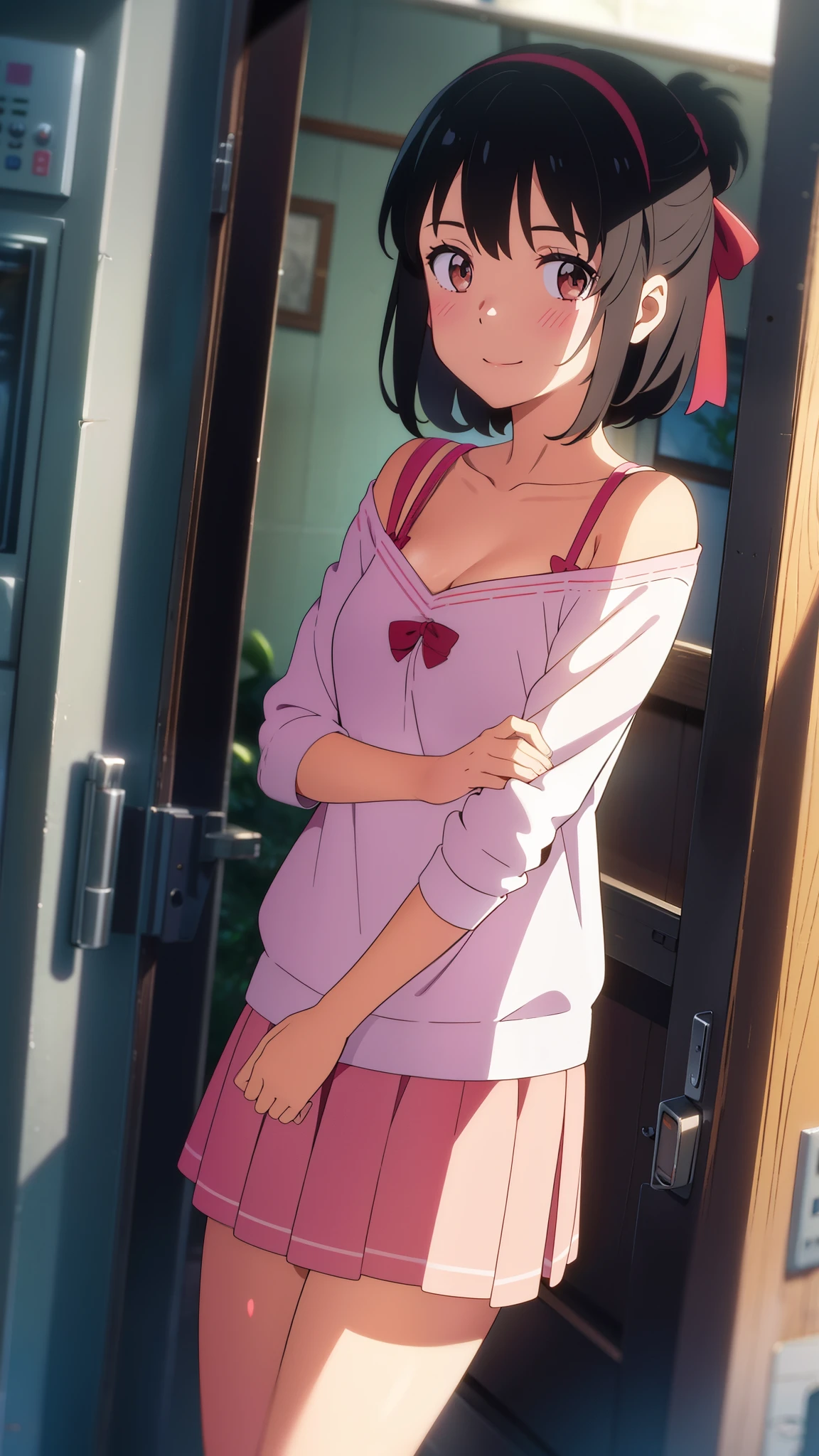 shinkai makoto, kimi no na wa., 1girl, bangs, black hair, blush, bright eyes, brown eyes, red headband, red bow, red ribbon, short hair, smile, cute, beautiful, shiny skin, looking at the viewer, solo, pink shirt, collarbone, Off-the-shoulder, short skirt, bra strap, breastsout, cowboy shot, standing, outside of house