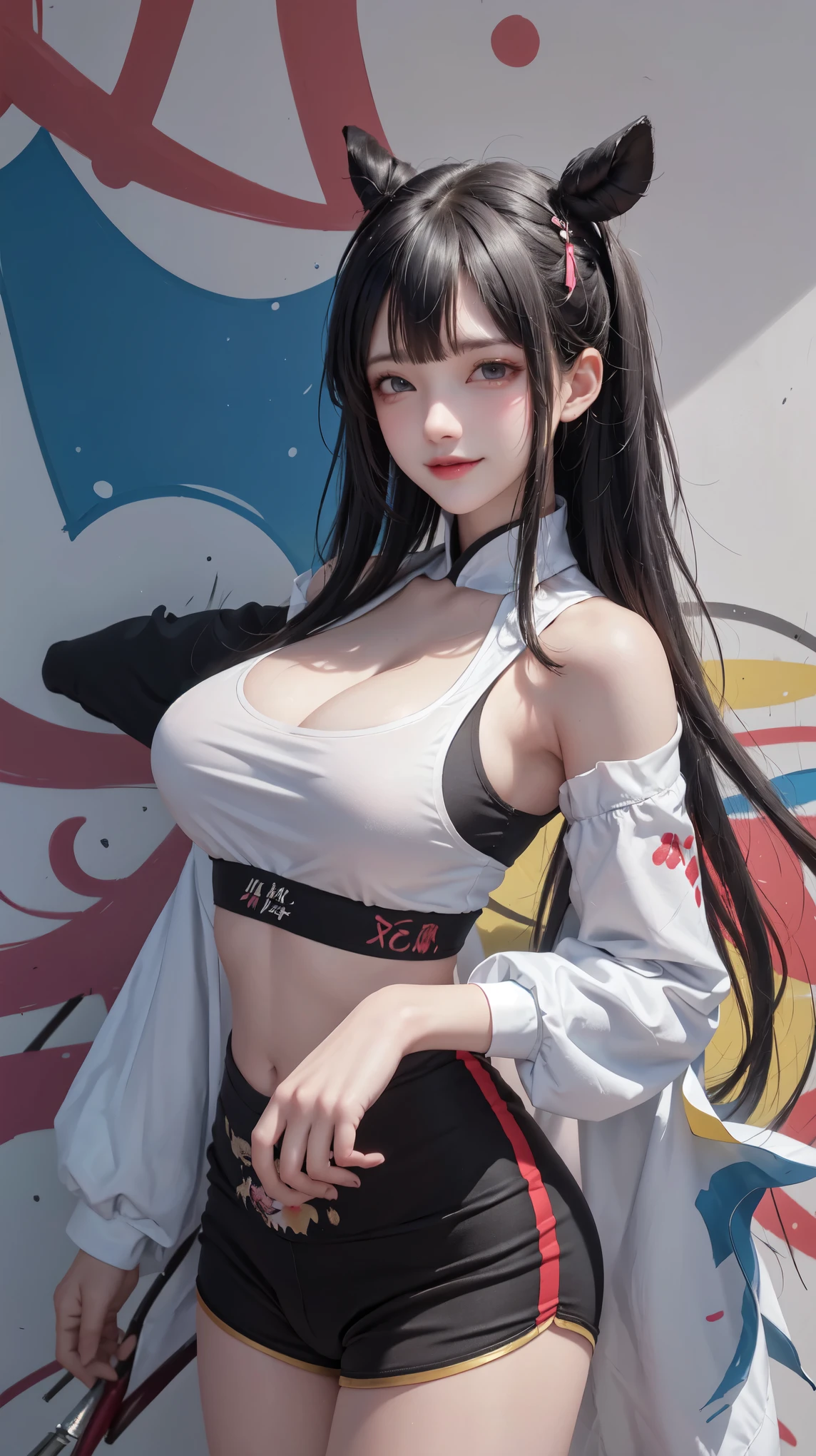 (best quality), masterpiece, 极其细致的CG8K插painting, high color, Extremely high color saturation, All colors are deepened, painting, graffiti art, central composition, Extremely detailed light and shadow, graffiti wall, The walls are painted bright colors, 1 girl graffiti 1 girl looking at the wall, The face and eyes are very detailed, medium length hair, sportswear, colorful clouds
