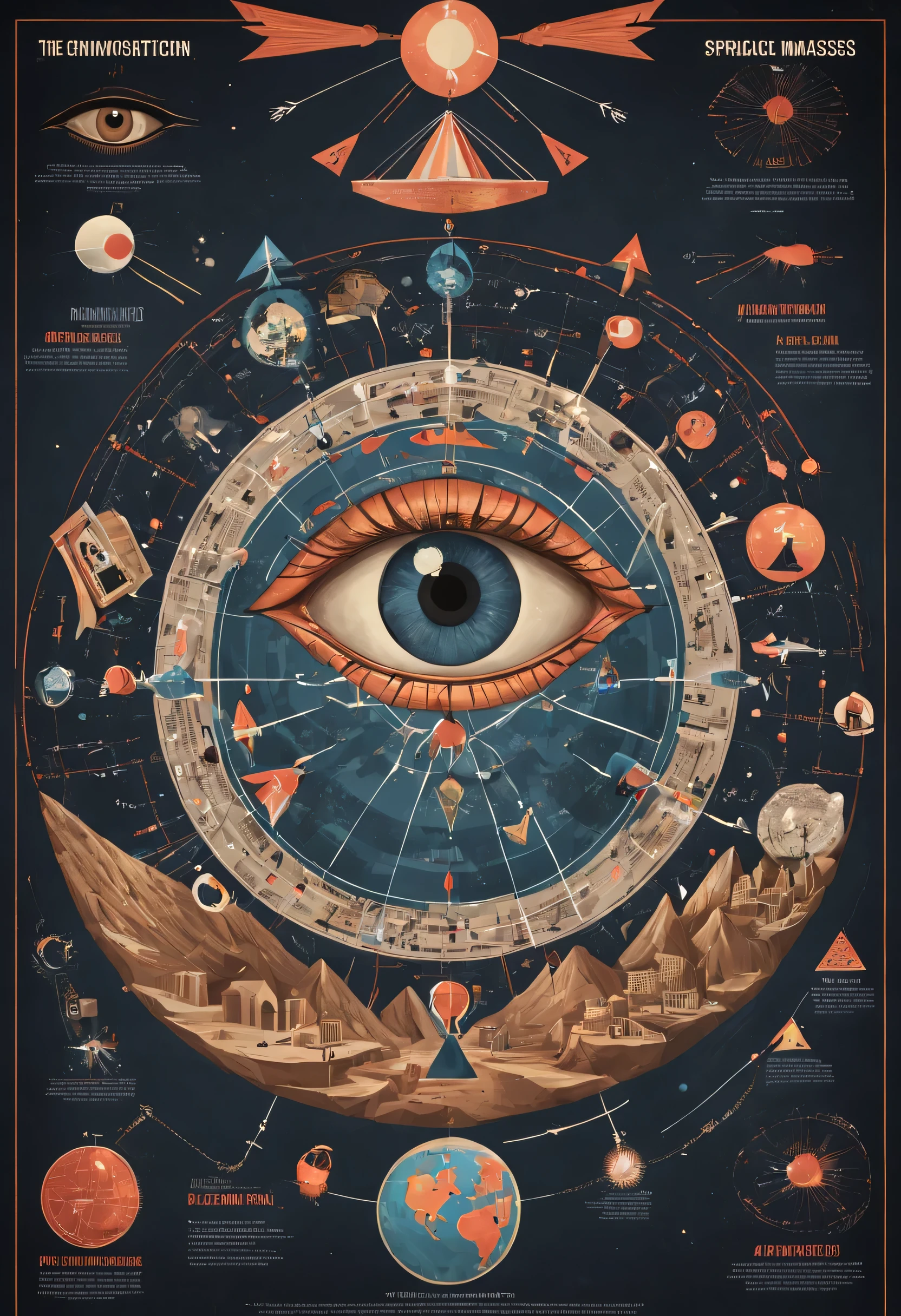 A thought-provoking infographic illustrating a new conspiracy theory. At the center is a large eye, symbolizing the all-seeing surveillance. Encircling it are various elements such as a globe, a pyramid, and a brain, representing global control, political power, and manipulation of the masses. There are numerous arrows connecting these elements, highlighting the interconnectedness of the conspiracy. The overall tone is dark, mysterious, and intriguing, sparking curiosity and debate.