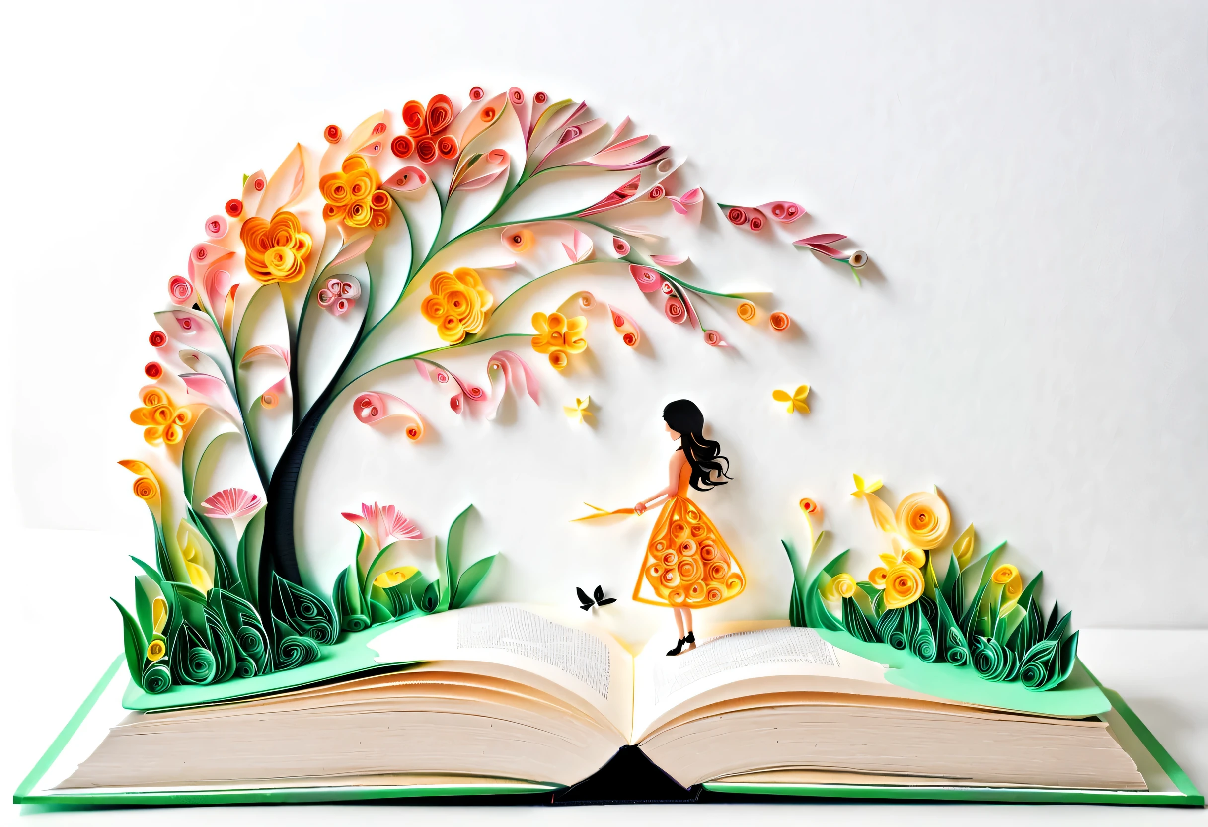 (paper art,layered paper art,paper quilling, 剪paper art术,Paper art ), pure white background, Open a vertical book, 1 beautiful girl,spring
