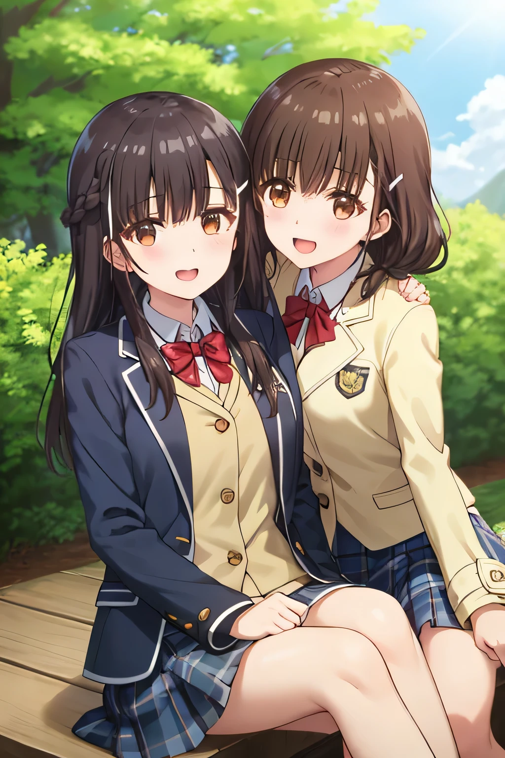 highest quality, (masterpiece:1.2), very detailed, School, outdoors,1 girl, by 2 person, irido yume, looking at the viewer, open your mouth, nice smile, brown eyes, dark brown hair, long braids, big hair clip, School uniform, Dark blue plaid knee-length skirt, white shirt, blue jacket, Golden coat of arms, red tie, lipstick、very shiny hair、laughter、bright look、The eyes of the brown loafers are shining、curiosity、the light is shining on your face、There&#39;There&#39;s a lot of light in my eyes