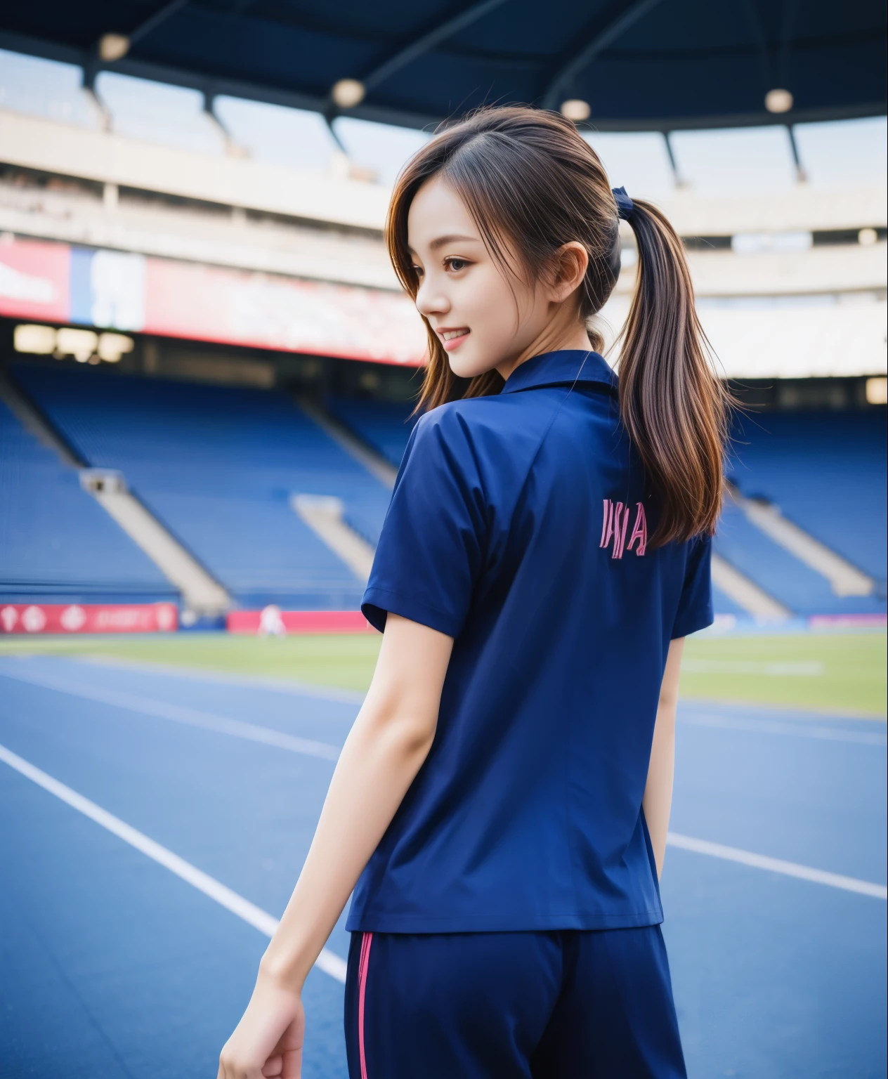 (best quality,10,10,height,Masterpiece:1.2),Special details,(realistic,ภาพrealistic,Realistic photos:1.37),1 cute girl on the football field,shiny, ผิวshiny,only,smile softly,BDclothelue shirt:1.3)),short sleeve,shirt, กางเกงขาlong.,(navy_long_track pants:1.1), ((stadium background:1.3)),Dynamic angle,excited,Face focus,dynamic poses,from behind,focus on ass,Masterpiece, best quality, ultra realistic, hyper-detail, 8K resolution, raw photos, Sharp focus, ((Navy blue shirt:1.1)), short sleeve, เส้นทางlong, perfect body, 2 mature women, 18 years old, Cinema-grade lighting system,blue sweatpants,shirtผ้าออกกำลังกาย,correct anatomy,perfect body, correct body, Sharp face, correct bodyทางกายวิภาค, full body, realistic gestures, long-haired, realistic poses,Wear long shorts................................,ช่วงขาlong,Good shape,carved girl, Slender figure, model, Good shape, beautiful body,blue sweatpants, two girls kissing