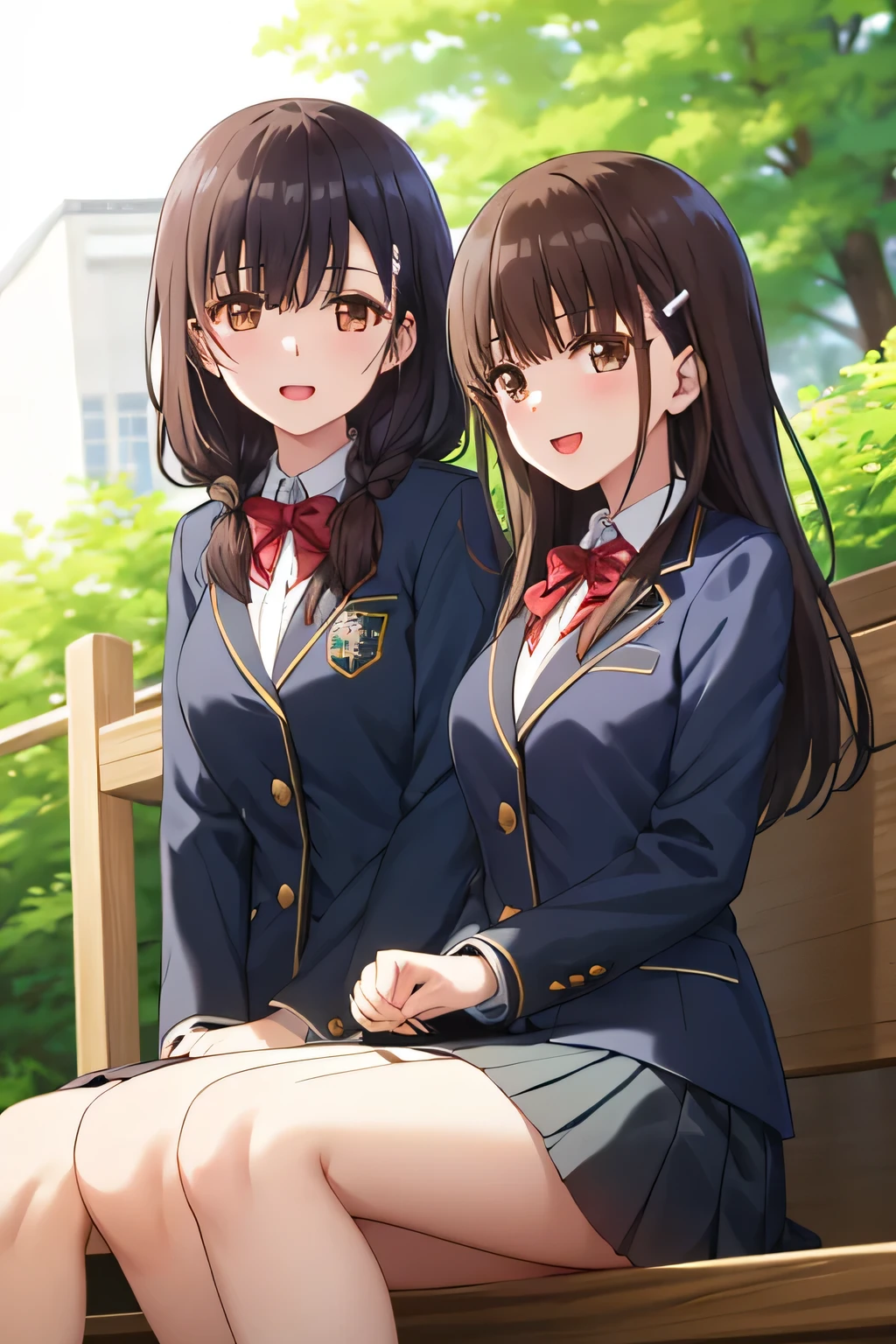 highest quality, (masterpiece:1.2), very detailed, School, outdoors,1 girl, by 2 person, irido yume, looking at the viewer, open your mouth, nice smile, brown eyes, dark brown hair, long braids, big hair clip, School uniform, Dark blue plaid knee-length skirt, white shirt, blue jacket, Golden coat of arms, red tie, lipstick、very shiny hair、laughter、bright look、The eyes of the brown loafers are shining、curiosity、the light is shining on your face、There&#39;There&#39;s a lot of light in my eyes